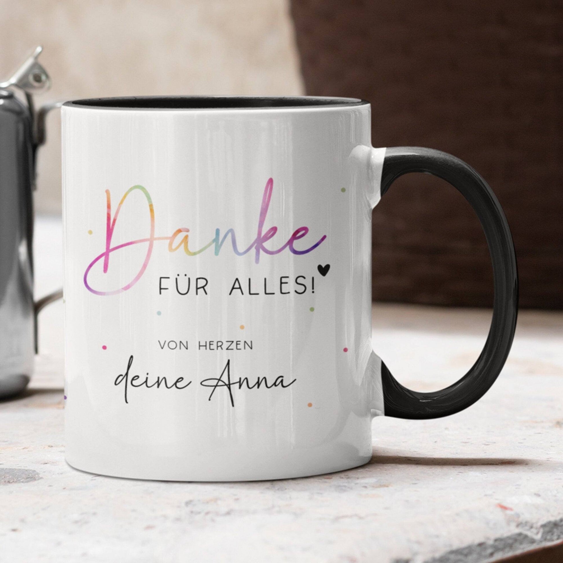 Personalisierte Tasse - Danke für alles -mit eigenen Wunschtext. Kaffee-Tasse Dankeschön-Geschenke Vatertag Muttertag Geburtstag Weihnachten  kleinebuchstaben Tasse - Schwarz  