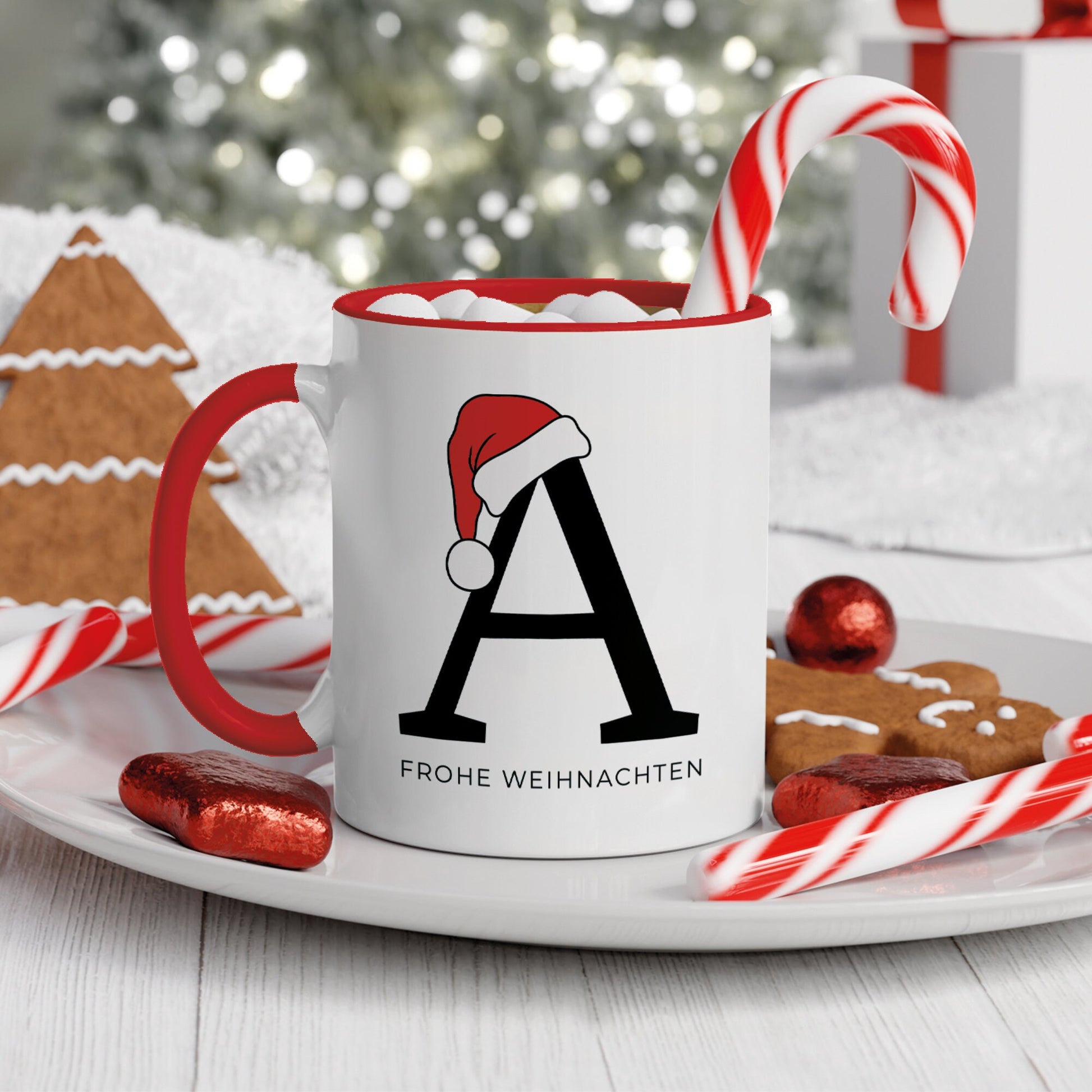 Personalisierte Keramik Tasse Weihnachten Nikolaus - Monogramm - Anfangsbuchstabe - Frohe Weihnachten - Merry Christmas - Glühwein - Becher  kleinebuchstaben Rot FROHE WEIHNACHTEN 