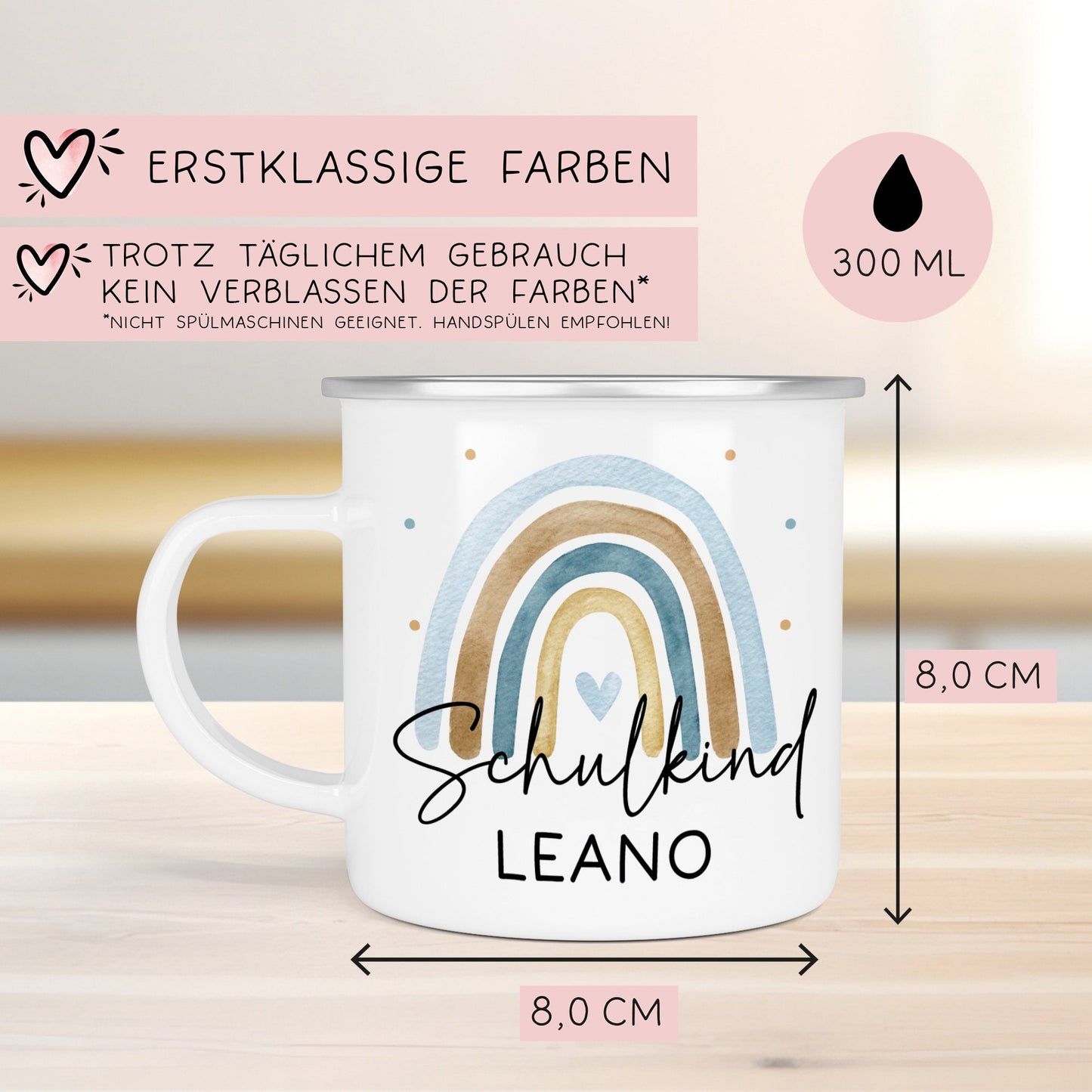 Schulkind Emaille Tasse Emaille Becher mit Namen personalisiert Regenbogen Rosa oder Blau für Jungs und Mädchen. Einschulung Geschenkidee  kleinebuchstaben   