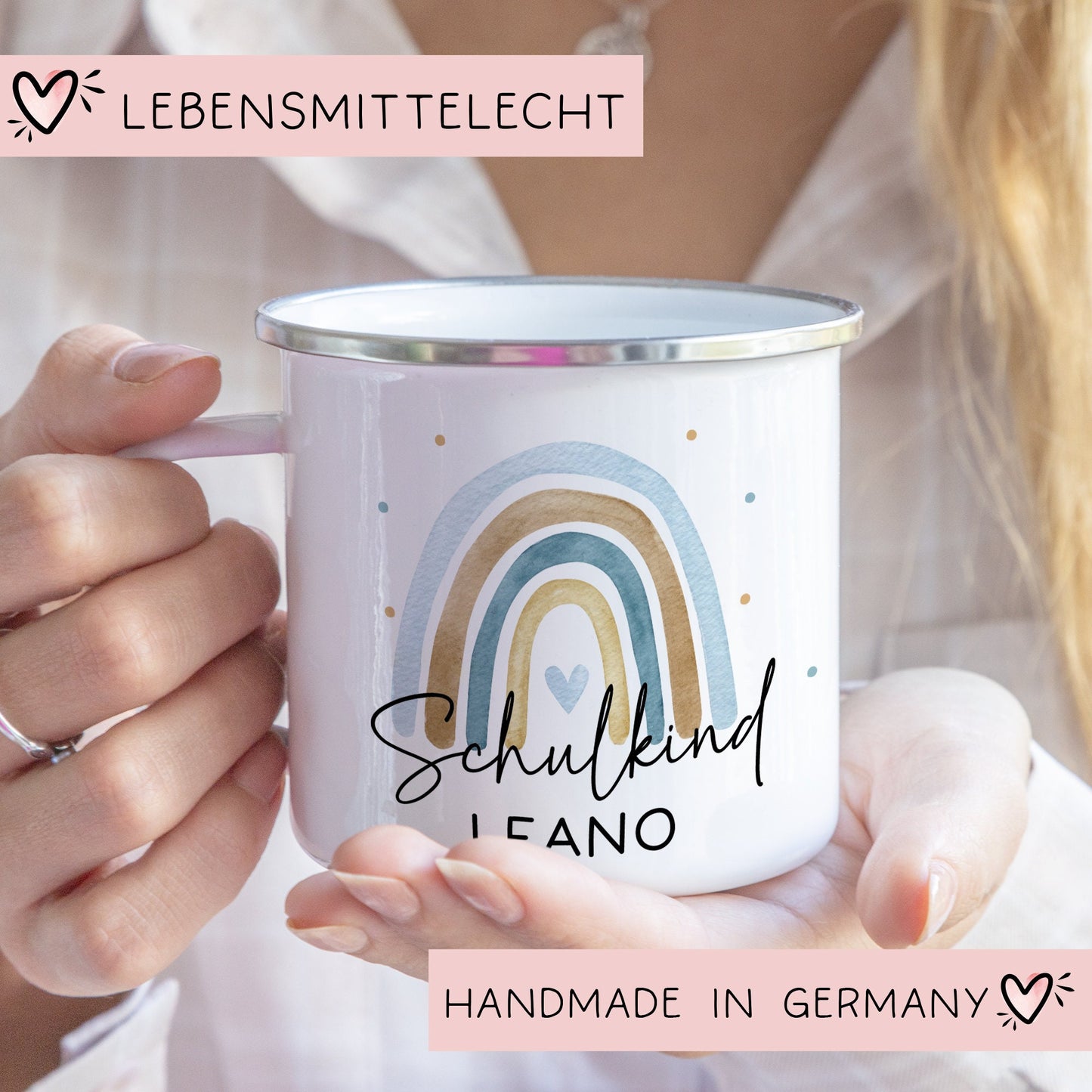 Schulkind Emaille Tasse Emaille Becher mit Namen personalisiert Regenbogen Rosa oder Blau für Jungs und Mädchen. Einschulung Geschenkidee  kleinebuchstaben   