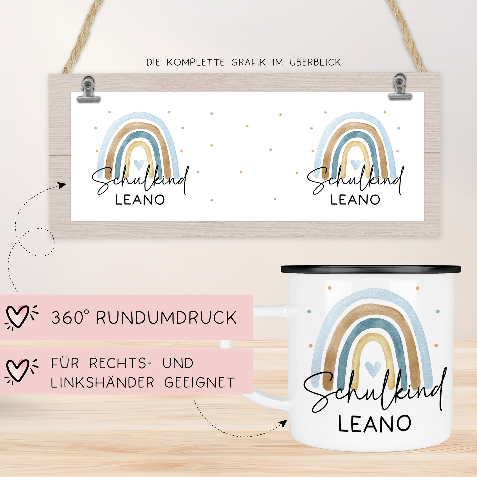 Tasse Schulkind, Tasse Einschulung, Schulkind 2024, Tasse Schulanfang, Einschulung Mädchen, Einschulung Junge mit Regenbogen. Schultüte  kleinebuchstaben   