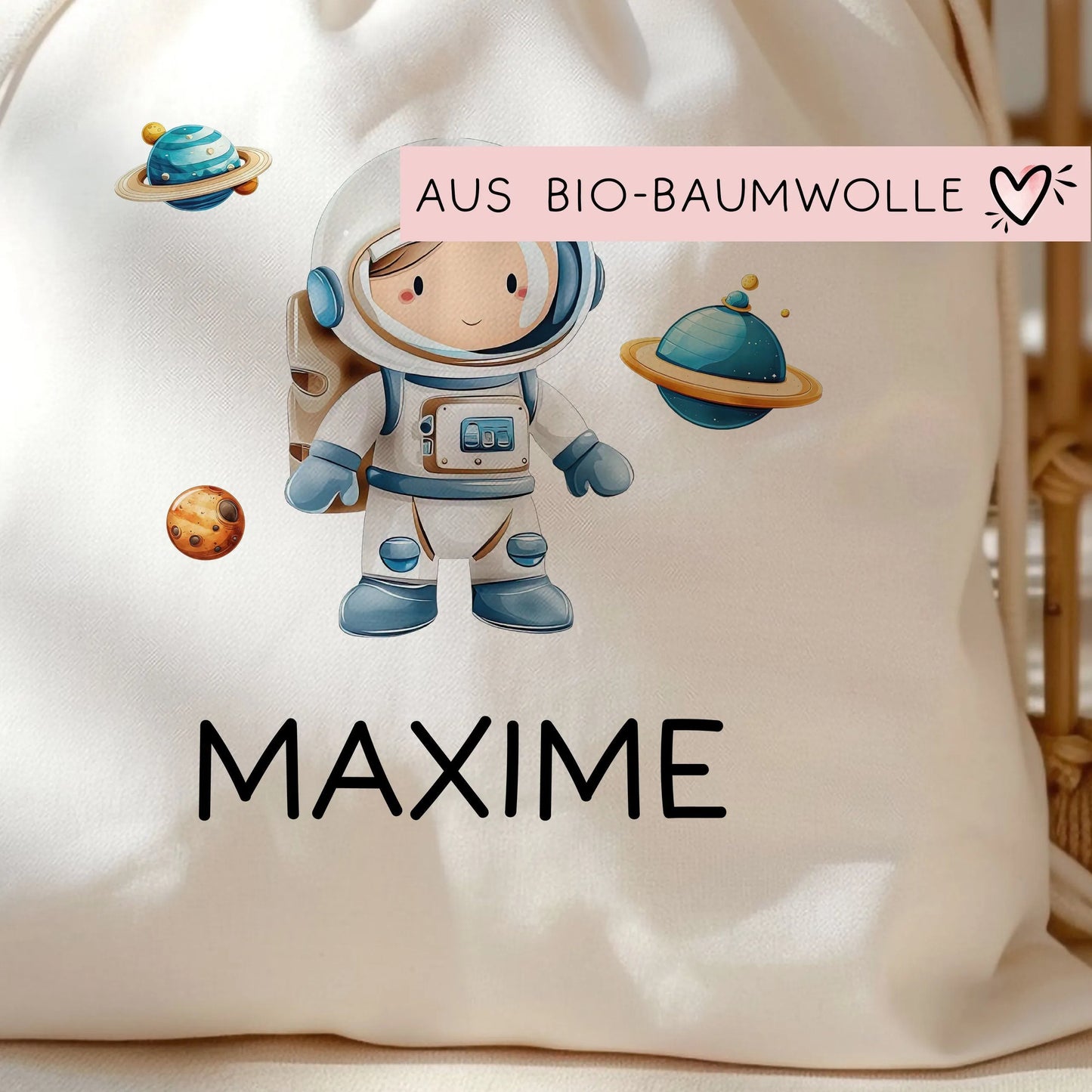 Stoffbeutel Astronaut Turnbeutel Rucksack, Kindergartentasche mit Name personalisiert Weltraum Weltall Astronaut aus Bio-Baumwolle  kleinebuchstaben   