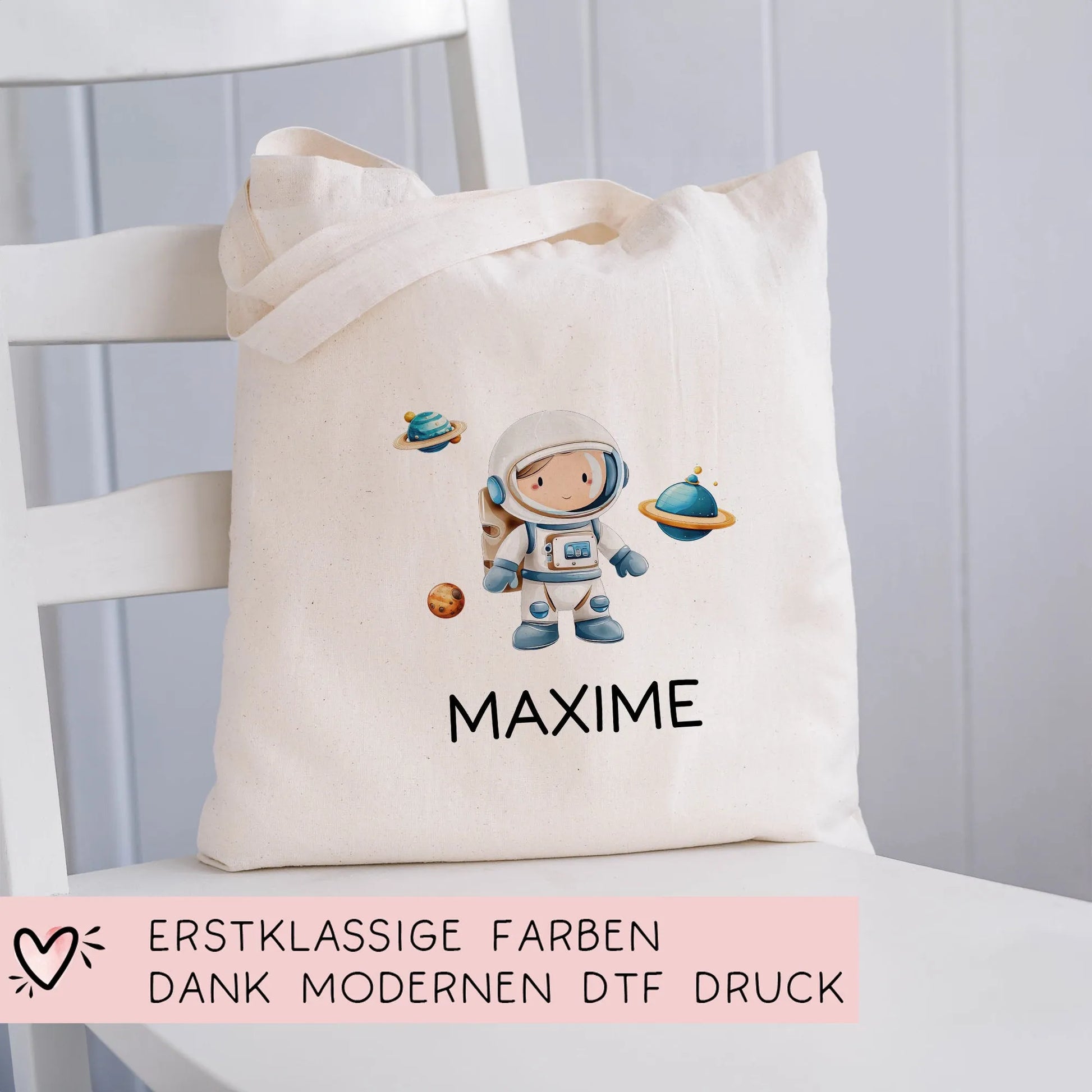 Astronaut Stofftasche Einkaufstasche Kinder-Beutel mit Namen als Sporttasche, Tragetasche Wechselwäsche für Kita Schule & Kindergarten  kleinebuchstaben   