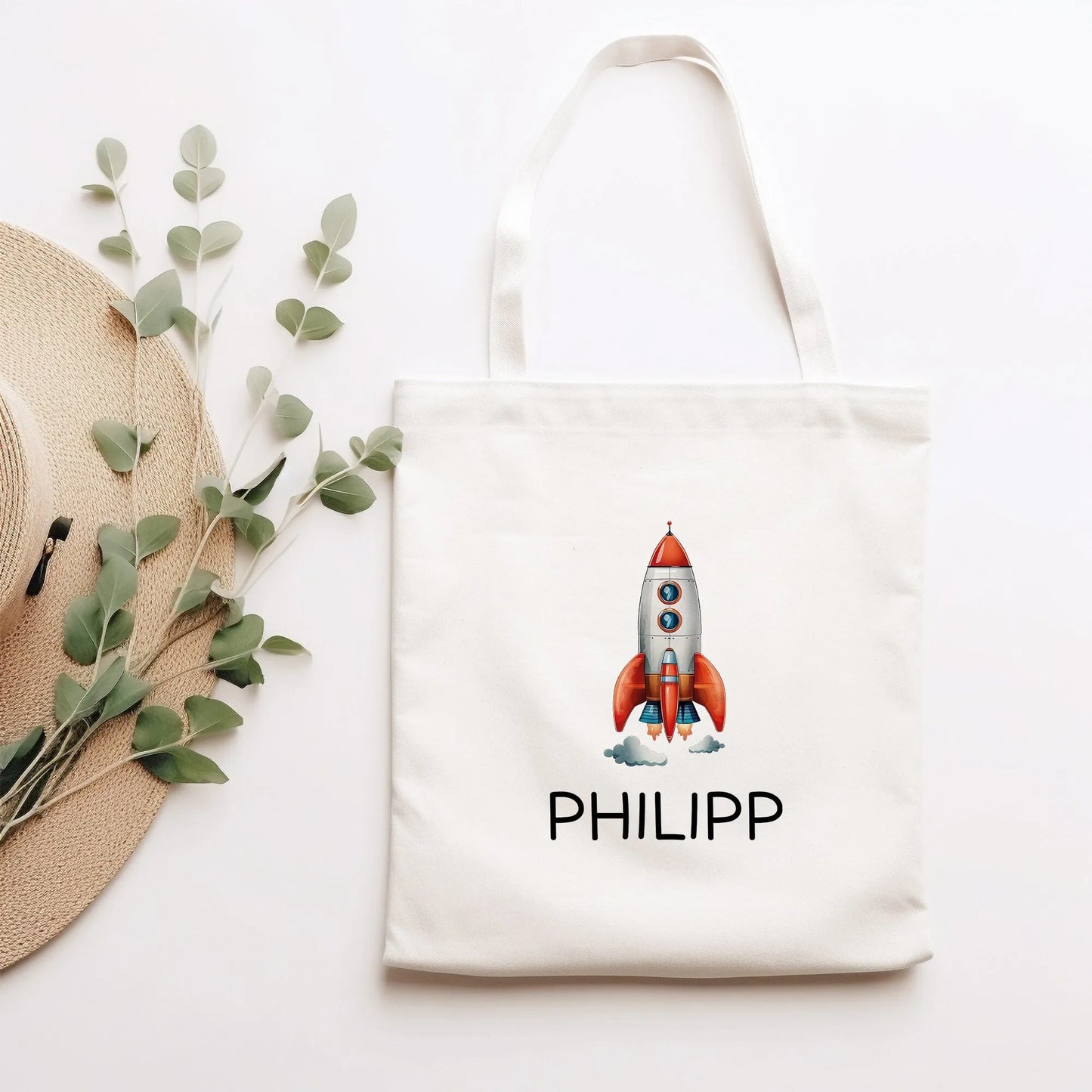 Stofftasche Rakete Personalisiert - Einkaufstasche Kinder-Beutel mit Namen als Sporttasche, Tragetasche Wechselwäsche für Kita Schule - 05  kleinebuchstaben   