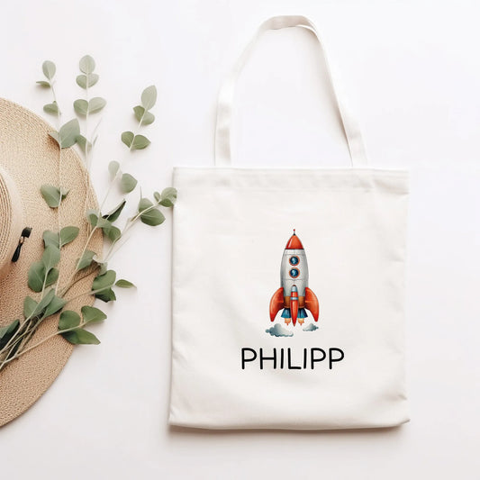 Stofftasche Rakete Personalisiert - Kinder-Beutel Einkaufstasche mit Namen als Sporttasche, Tragetasche Wechselwäsche für Kita Schule - 06  kleinebuchstaben   