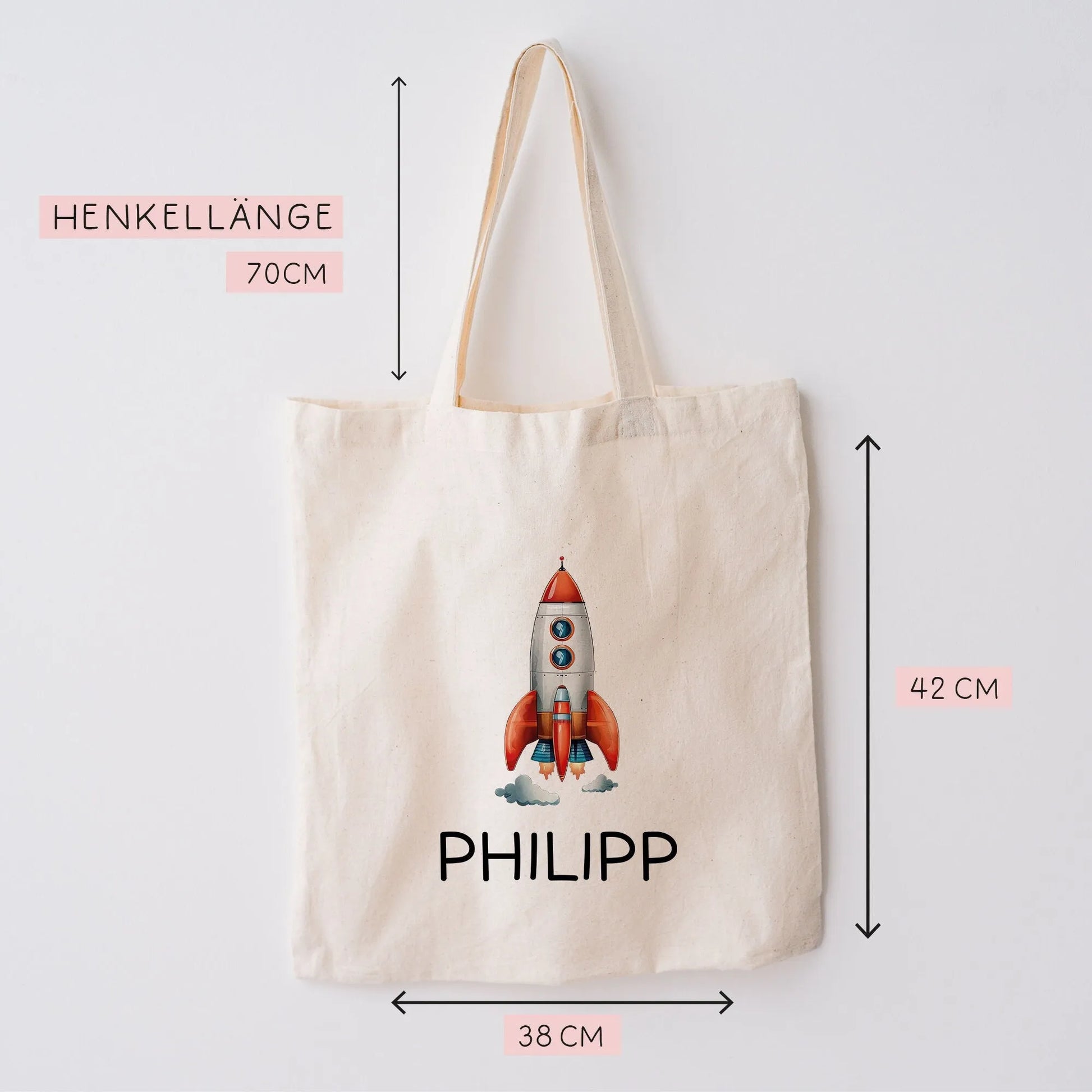 Stofftasche Rakete Personalisiert - Einkaufstasche Kinder-Beutel mit Namen als Sporttasche, Tragetasche Wechselwäsche für Kita Schule - 05  kleinebuchstaben   