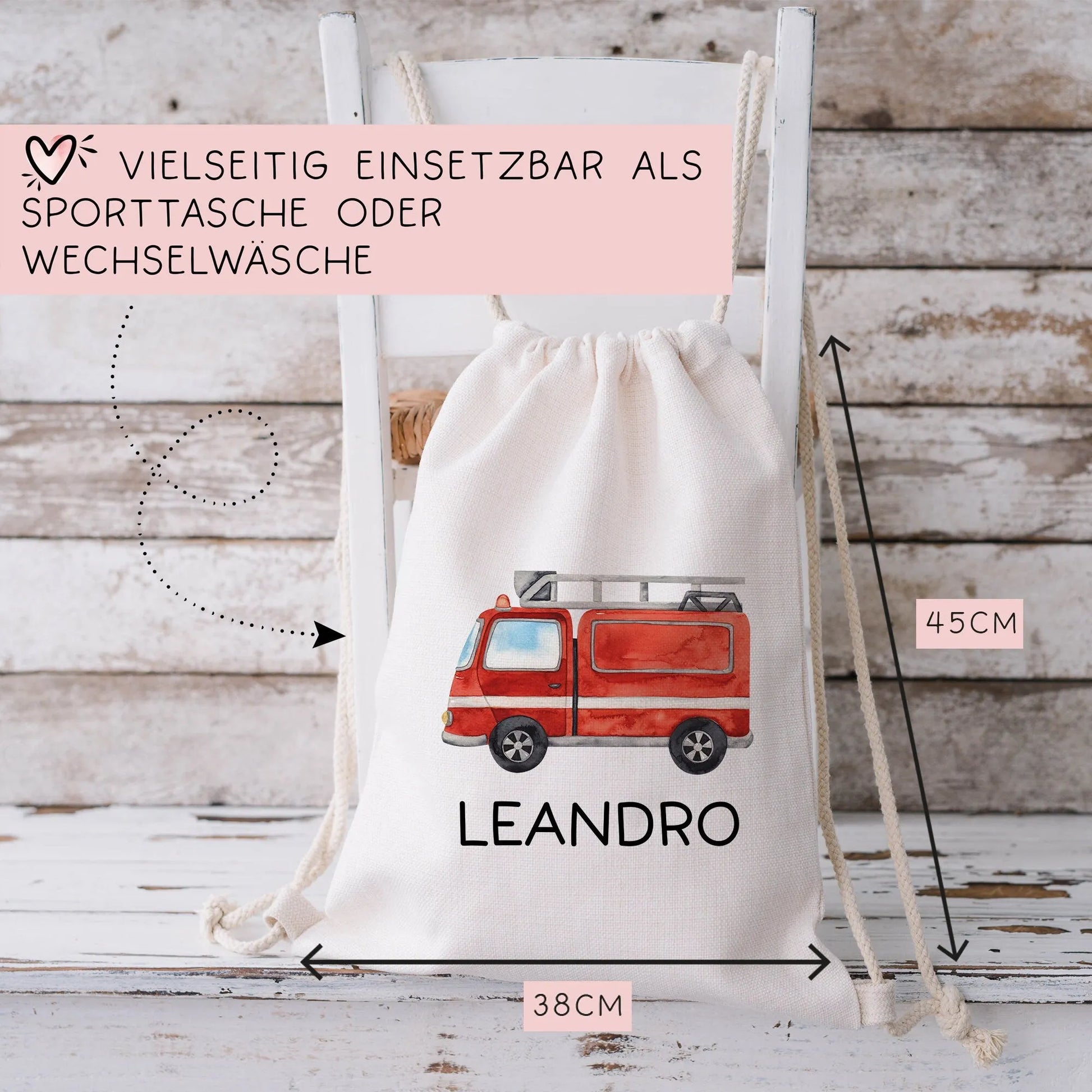 Stofftasche Feuerwehrauto Personalisiert mit Namen. Feuerwehr für Schule und Kindergarten als Wäschebeutel Wechselwäsche für Mädchen & Junge  kleinebuchstaben   