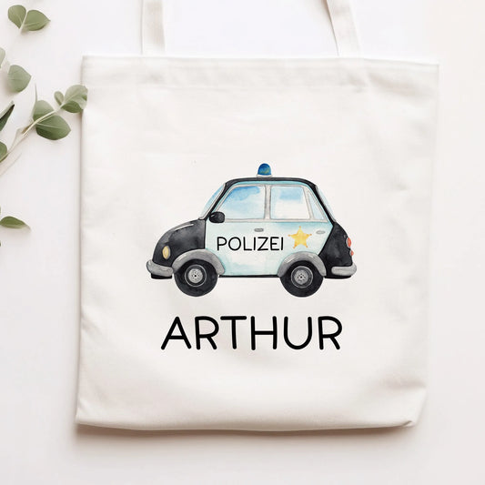 Polizeiauto Streifenwagen Stofftasche Personalisiert mit Namen. Polizeifahrzeug für Schule | Wäschebeutel Wechselwäsche | Mädchen & Junge  kleinebuchstaben   