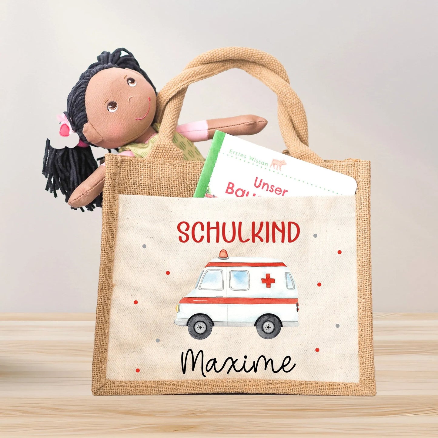 Krankenwagen Schulkind Tasche Wunschnamen 2024 | 100% Jute | RTW Rettungsfahrzeug | Geschenk Einschulung | Schultüte personalisiert | Schule  kleinebuchstaben Krankenwagen kein Datum 