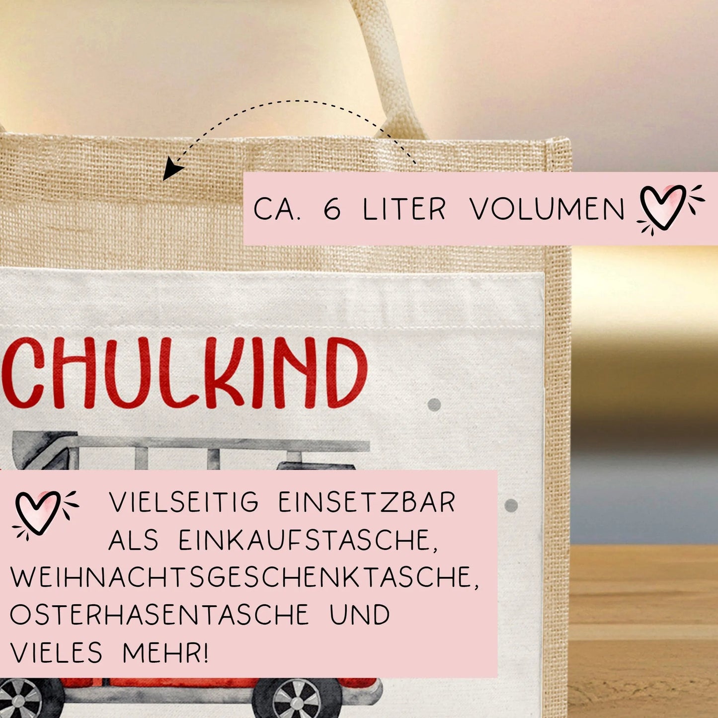 Feuerwehrauto Schulkind Tasche Wunschnamen 2024 | 100% Jute | Löschzug Brandwache | Geschenk Einschulung | Schultüte personalisiert | Schule  kleinebuchstaben   