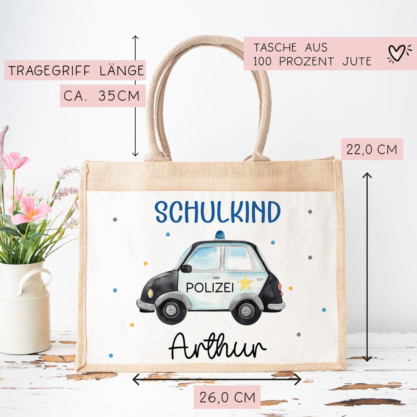 Polizeiwagen Schulkind Tasche Wunschnamen | 100% Jute | Streifenwagen Polizei | Geschenk Einschulung | Schultüte personalisiert | Schule  kleinebuchstaben   