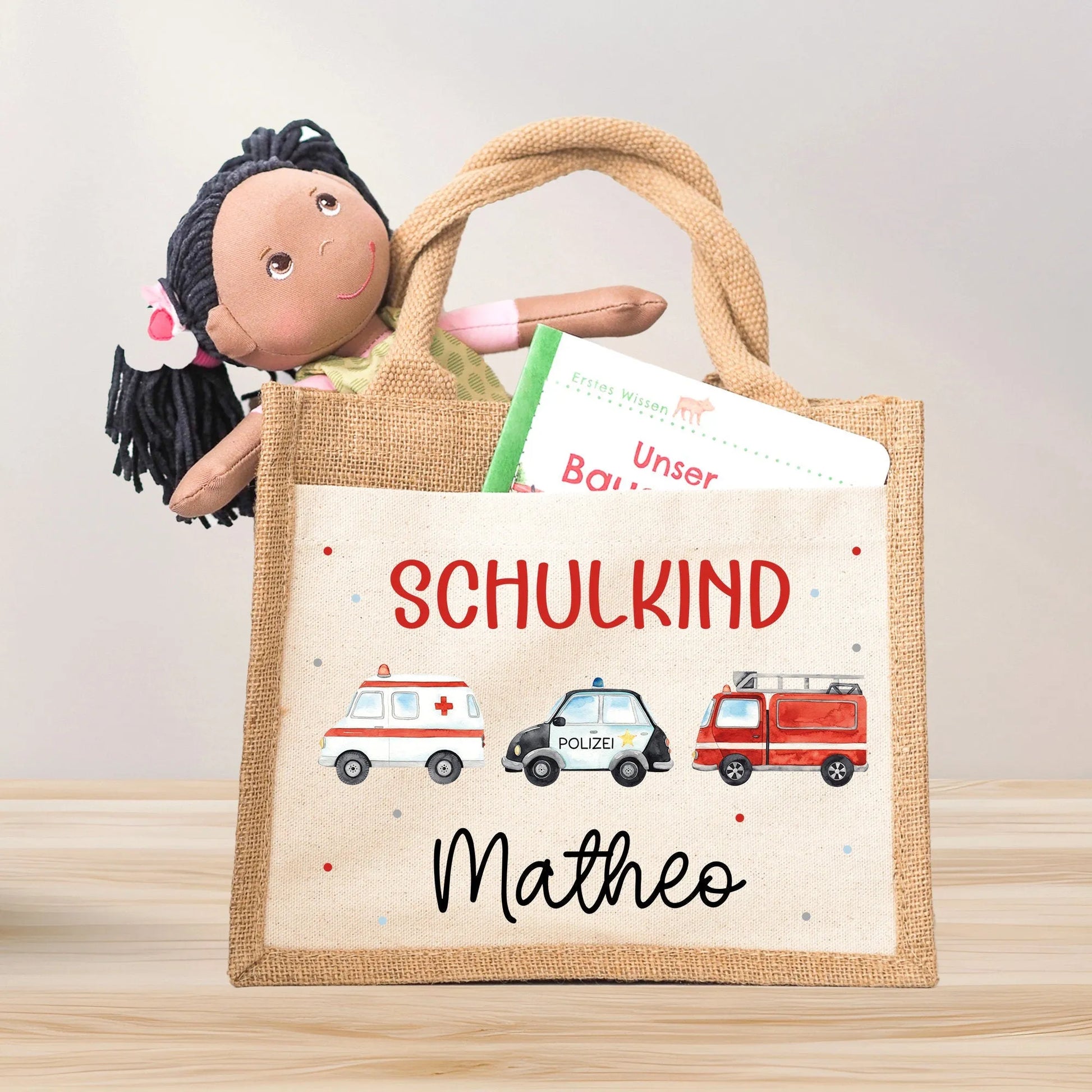 RTW Polizeiwagen Feuerwehr Krankenwagen Schulkind Tasche Wunschnamen | 100% Jute | Geschenk Einschulung | Schultüte personalisiert | Schule  kleinebuchstaben ohne Jahreszahl  