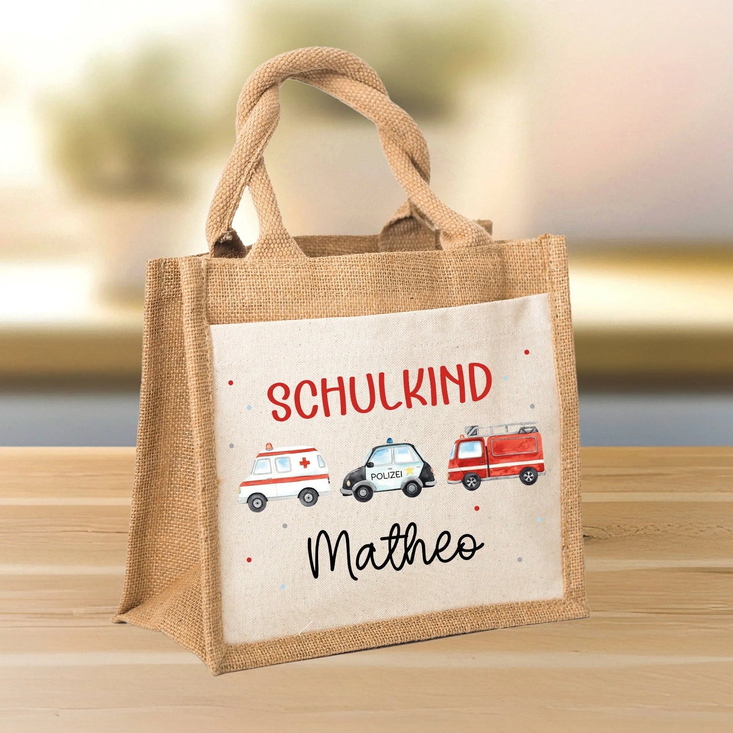 RTW Polizeiwagen Feuerwehr Krankenwagen Schulkind Tasche Wunschnamen | 100% Jute | Geschenk Einschulung | Schultüte personalisiert | Schule  kleinebuchstaben   