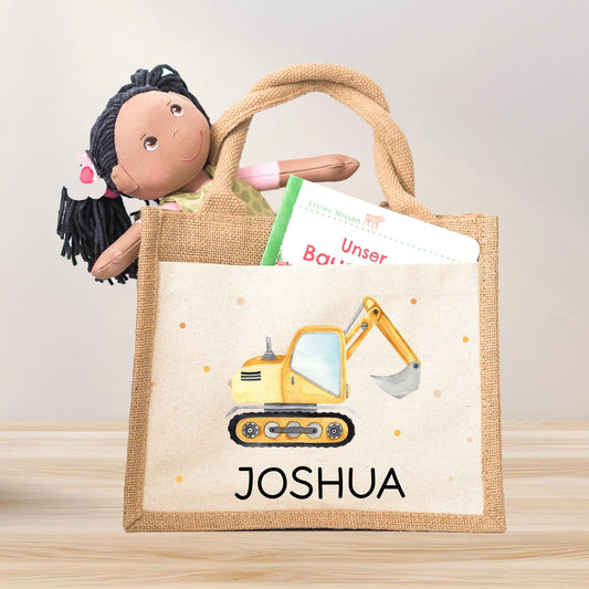 Schaufelbagger Pocket Tasche Wunschnamen | 100% Jute | Bagger Baustelle | Geschenk Einschulung | Schultüte personalisiert oder Weihnachten  kleinebuchstaben   