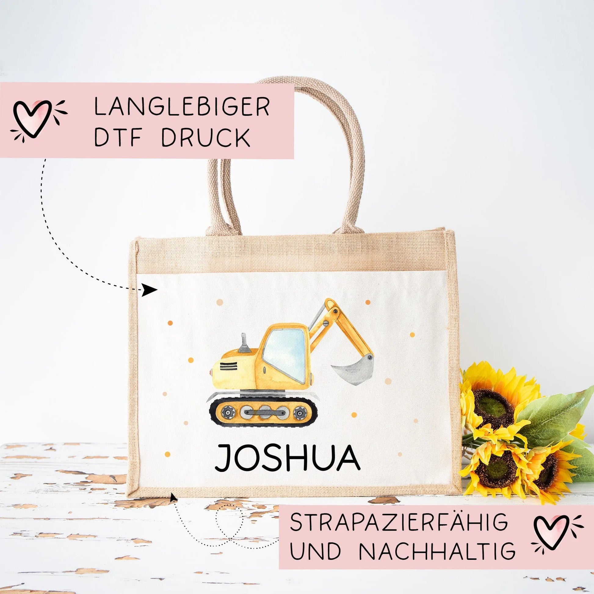 Schaufelbagger Pocket Tasche Wunschnamen | 100% Jute | Bagger Baustelle | Geschenk Einschulung | Schultüte personalisiert oder Weihnachten  kleinebuchstaben   