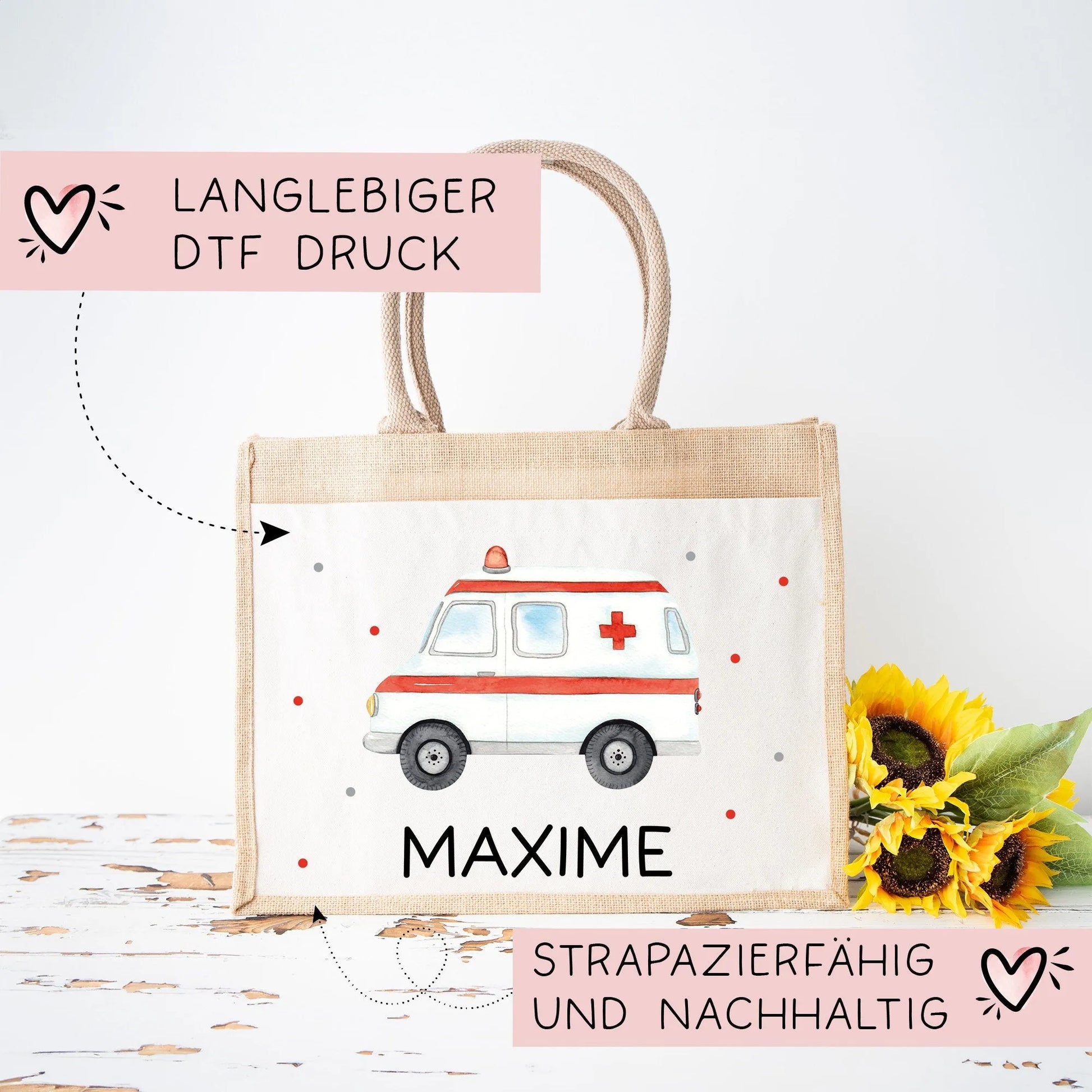 RTW Krankenwagen Tasche Wunschnamen | aus 100% Jute | Rettungsfahrzeug | Geschenk Geschenk zum Geburtstag, Nikolaus, Weihnachten oder Ostern  kleinebuchstaben   