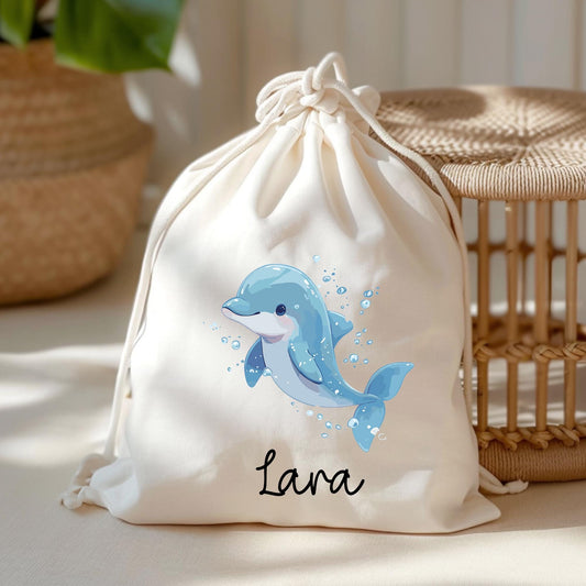 Turnbeutel Wäschebeutel Delfin Delphin - Personalisiert - Wunschnamen - Schule - mit Name - Rucksack - Wechselkleidung - Weihnachten  kleinebuchstaben Turnbeutel Schriftart 1 