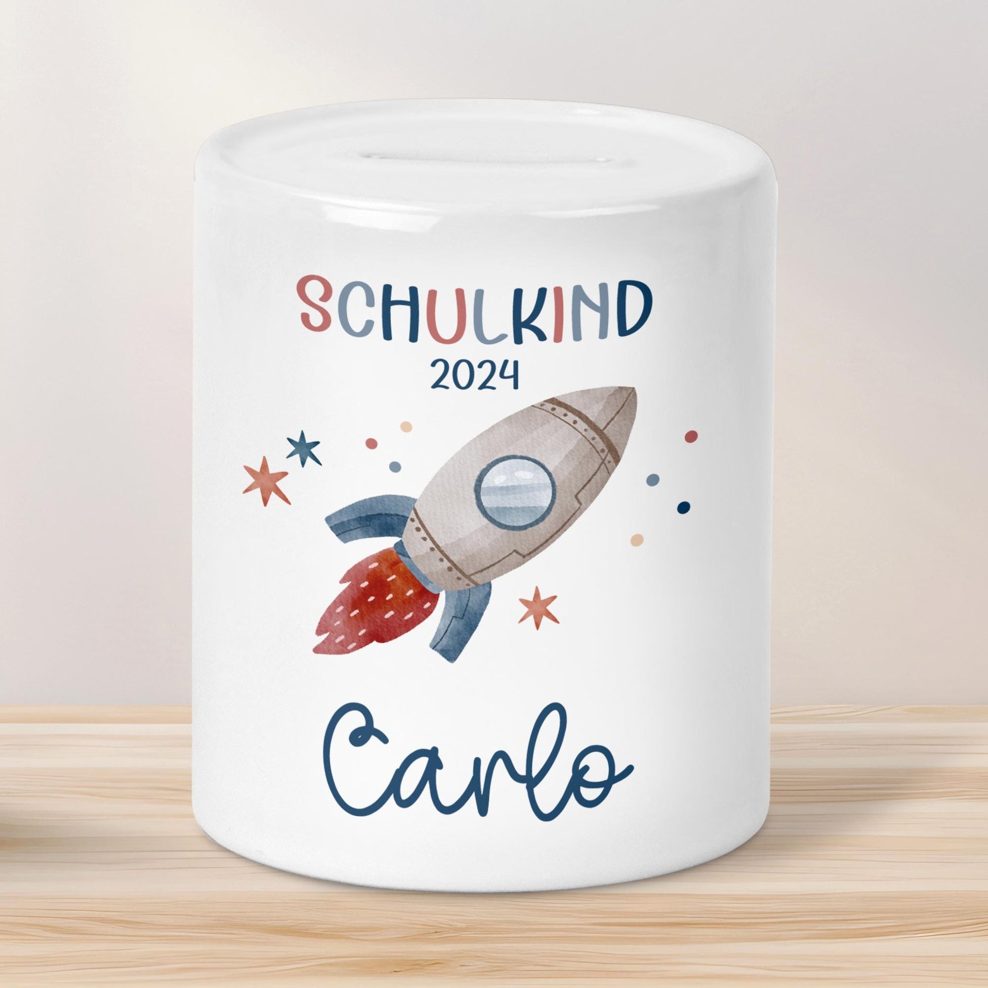 Schulkind 2024 Spardose für Kinder Personalisiert Rakete Weltraum mit Namen - Blau - Geschenk für Junge & Mädchen zur Einschulung  kleinebuchstaben Spardose 2024 