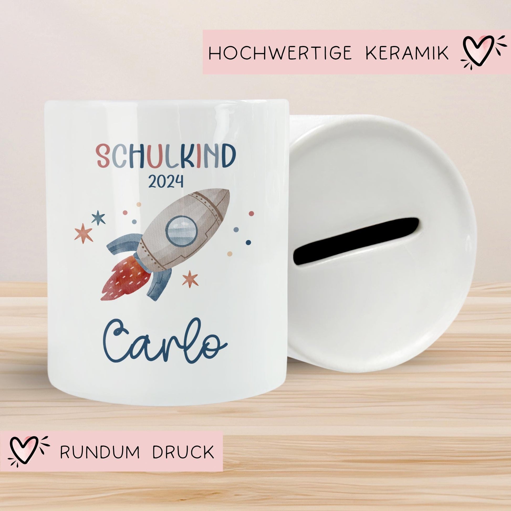 Schulkind 2024 Spardose für Kinder Personalisiert Rakete Weltraum mit Namen - Blau - Geschenk für Junge & Mädchen zur Einschulung  kleinebuchstaben   