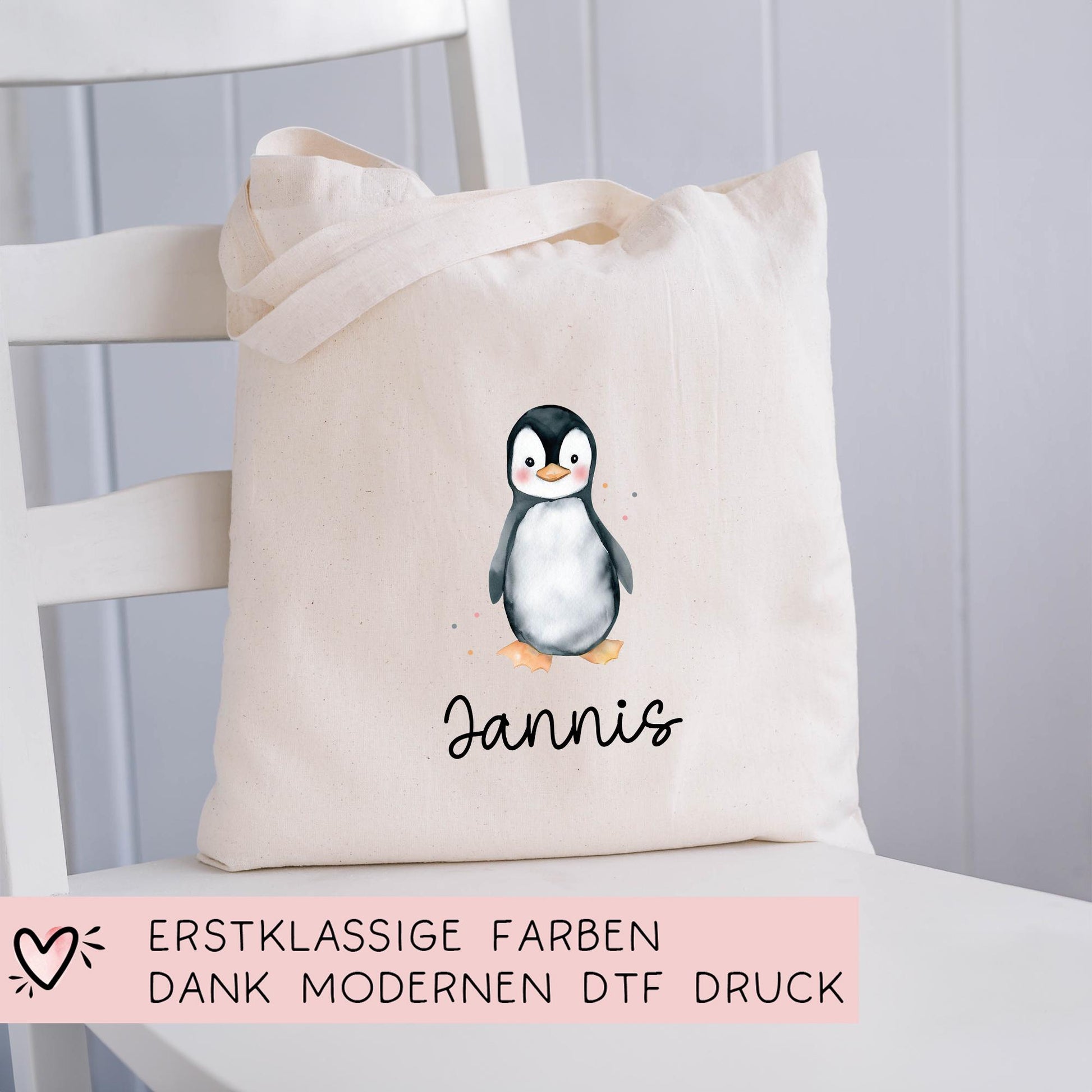 Stofftasche mit Namen Pinguin - Personalisierte Kinder Beutel Kindertasche - Wechselwäsche, Schmutzwäsche Tragetasche - Wechselkleidung  kleinebuchstaben   