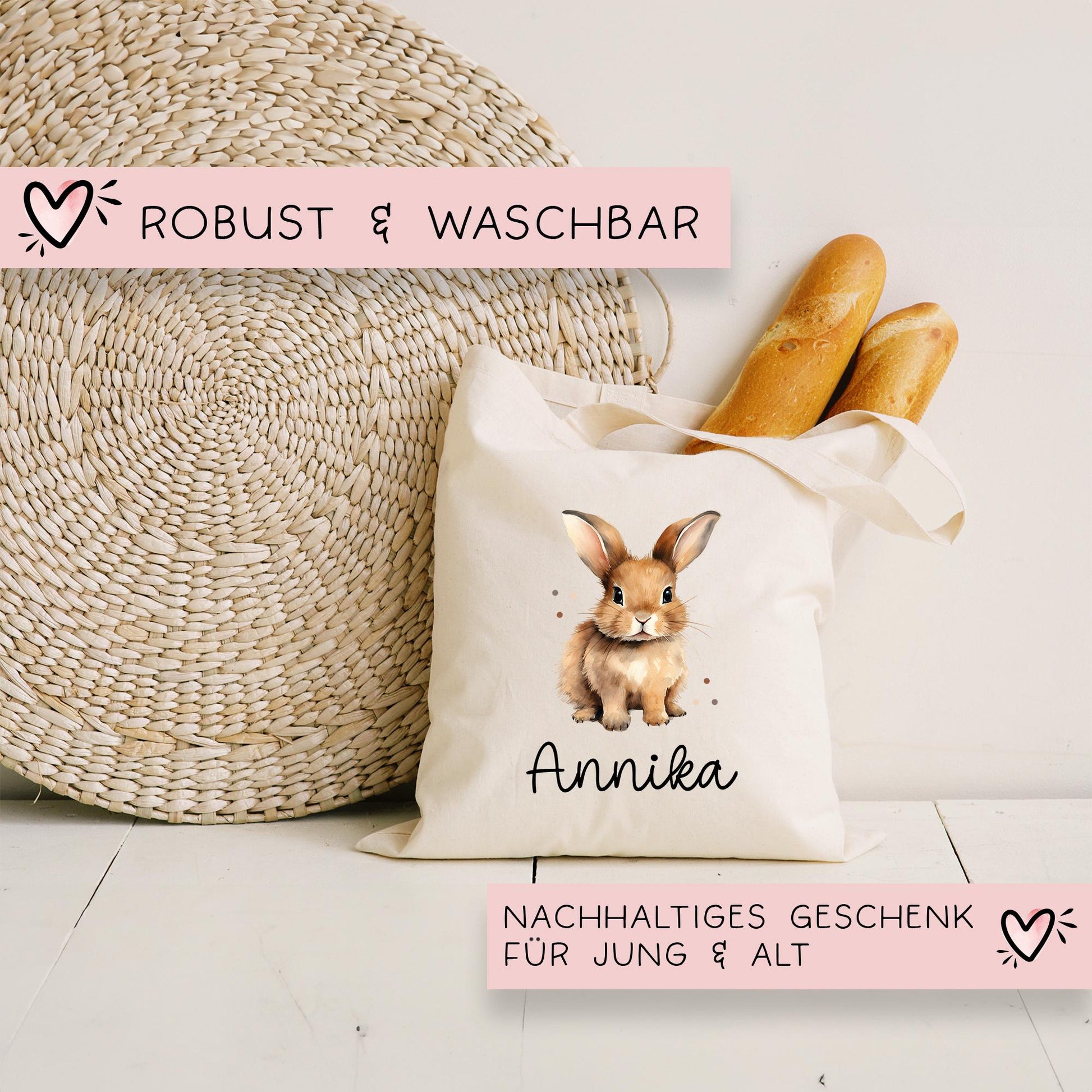 Stofftasche mit Namen Hase Rammler - Personalisierte Kinder Beutel Kindertasche - Wechselwäsche, Schmutzwäsche Tragetasche - Wechselkleidung  kleinebuchstaben   