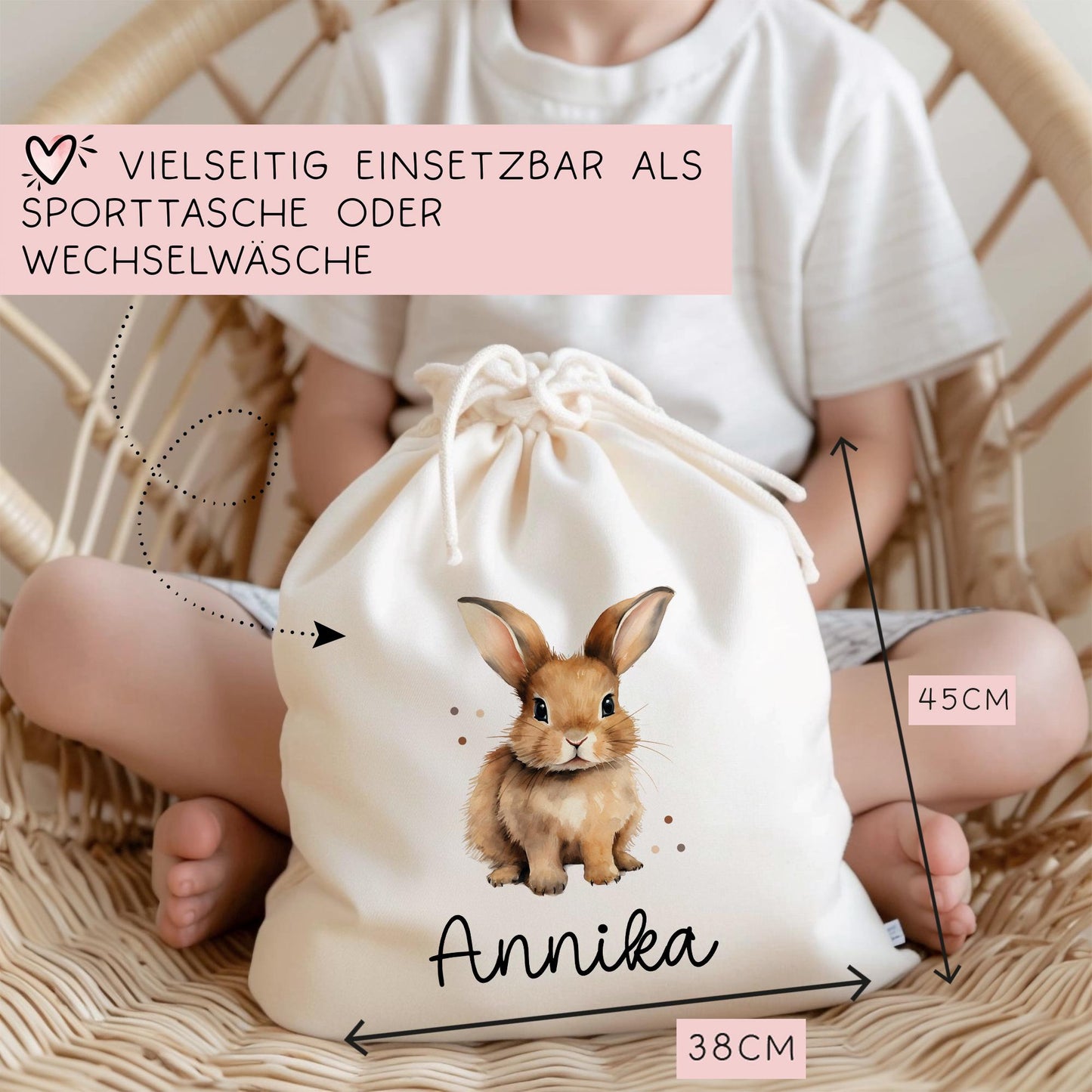 Stofftasche mit Namen Hase Rammler - Personalisierte Kinder Beutel Kindertasche - Wechselwäsche, Schmutzwäsche Tragetasche - Wechselkleidung  kleinebuchstaben   