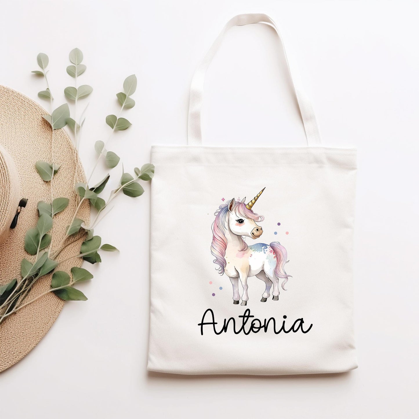 Stofftasche Beutel Namen Einhorn - Personalisierte Kinder Beutel Kindertasche - Wechselwäsche, Schmutzwäsche Tragetasche - Wechselkleidung  kleinebuchstaben Einhorn 2 Schriftart 1 