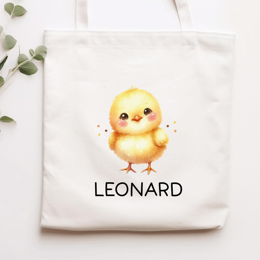 Personalisierte Stofftasche Küken Name - Kinder Beutel Kindertasche mit Wunschname - Wechselwäsche, Schmutzwäsche Tasche - Wechselkleidung  kleinebuchstaben Stofftasche Schriftart 1 