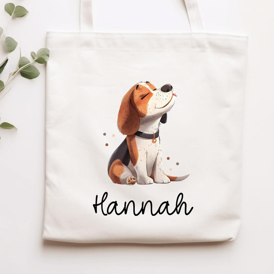 Personalisierte Stofftasche Beagle Hund Name - Kinder Beutel Kindertasche mit Wunschname - Wechselwäsche, Schmutzwäsche - Wechselkleidung  kleinebuchstaben Stofftasche Schriftart 1 