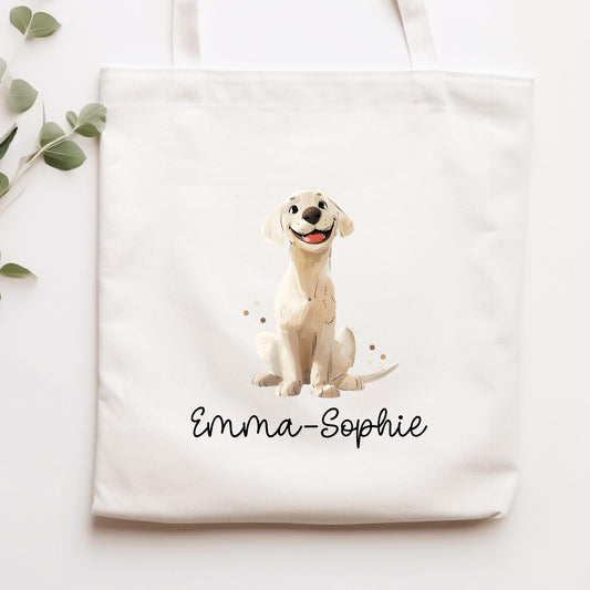 Personalisierte Stofftasche Labrador Hund Name - Kinder Beutel Kindertasche mit Wunschname - Wechselwäsche - Tragetasche - Wechselkleidung  kleinebuchstaben Stofftasche Schriftart 1 