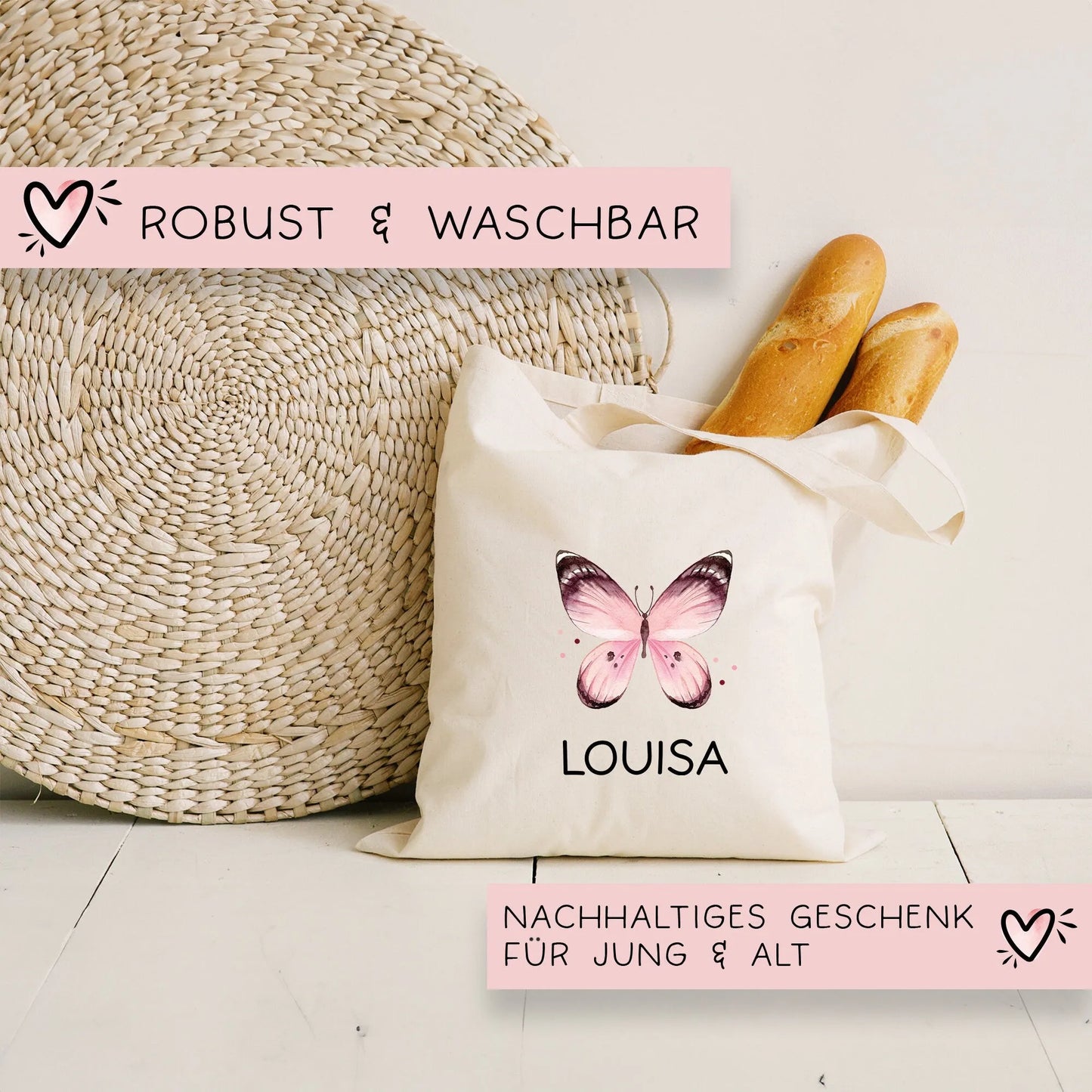 Rosa Schmetterling Stoff Tasche Personalisiert und Namen. Für Kindergarten und Schule - Wäschebeutel Wechselwäsche KITA | Mädchen & Junge  kleinebuchstaben   