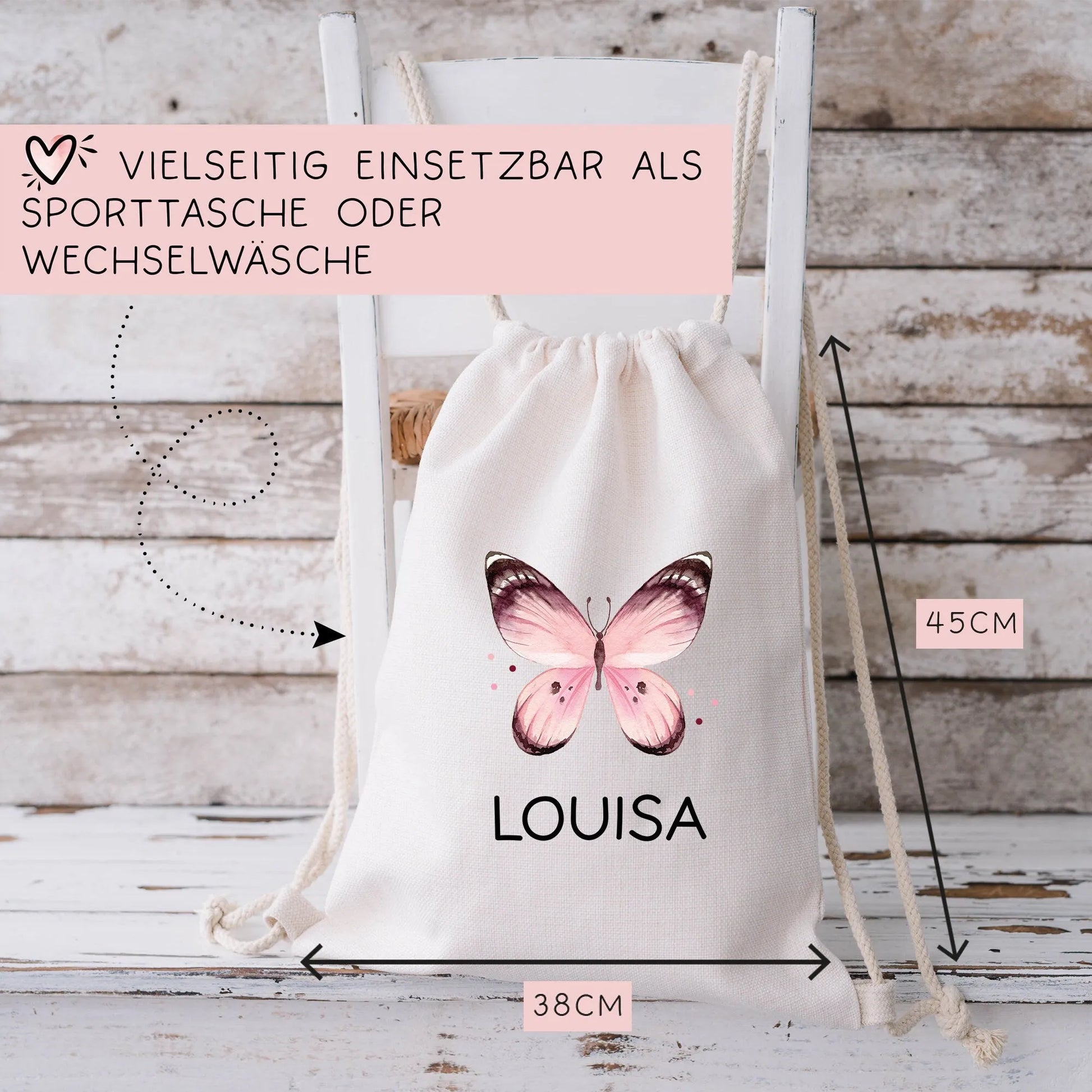 Rosa Schmetterling Stoff Tasche Personalisiert und Namen. Für Kindergarten und Schule - Wäschebeutel Wechselwäsche KITA | Mädchen & Junge  kleinebuchstaben   