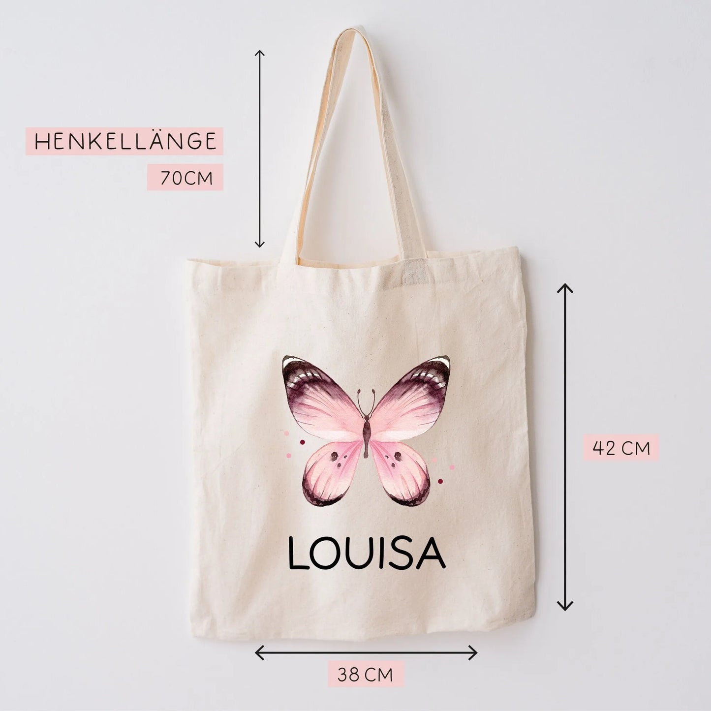 Rosa Lila Schmetterling Stofftasche Personalisiert und Namen. Kindergarten und Schule - Wäschebeutel Wechselwäsche KITA | Junge & Mädchen  kleinebuchstaben   