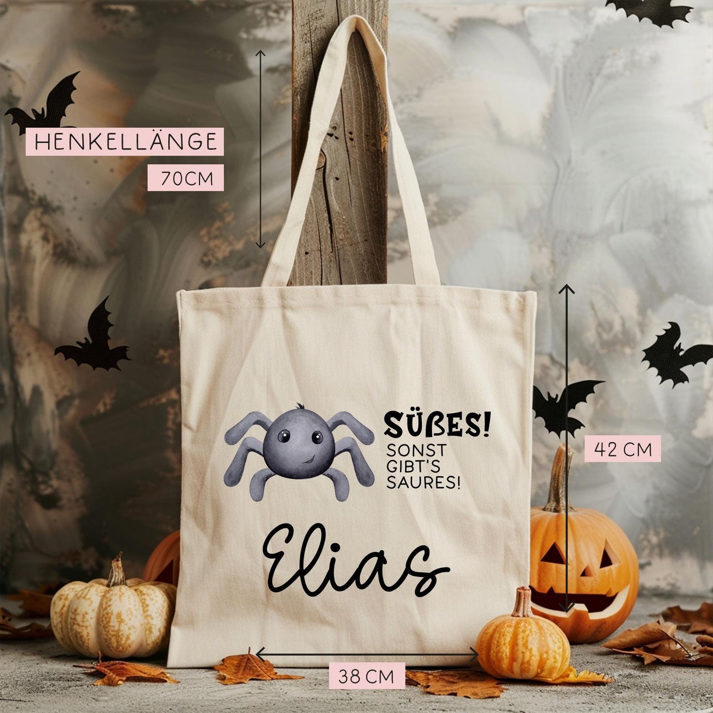 Halloween Stofftasche Personalisiert - Spinne - Jutebeutel - Jutetasche - Tragetasche für Kinder für Süßigkeiten - mit Name - Tasche Beutel  kleinebuchstaben   