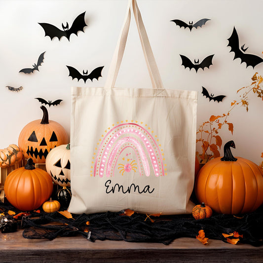 Regenbogen Rosa Halloween Stofftasche - Personalisiert - Jutebeutel - Jutetasche - Tragetasche für Kinder für Süßigkeiten - Tasche Beutel  kleinebuchstaben   