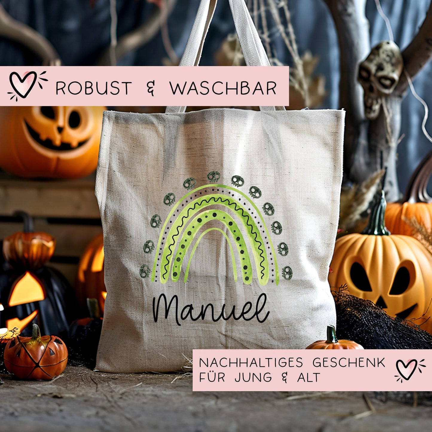 Halloween Jutetasche Personalisiert - Regenbogen Grün Totenköpfe  - Stofftasche - Jutebeutel - Tragetasche für Kinder für Süßigkeiten -Junge  kleinebuchstaben   