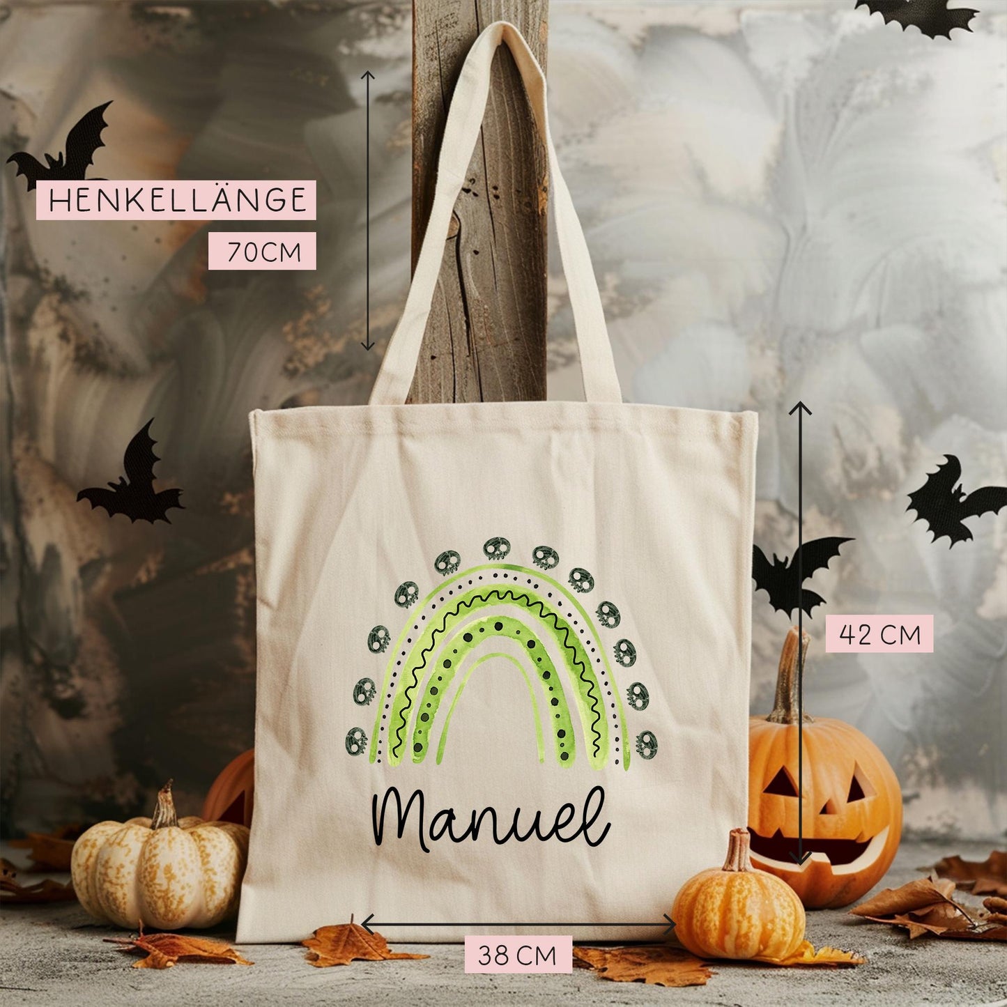 Halloween Jutetasche Personalisiert - Regenbogen Grün Totenköpfe  - Stofftasche - Jutebeutel - Tragetasche für Kinder für Süßigkeiten -Junge  kleinebuchstaben   