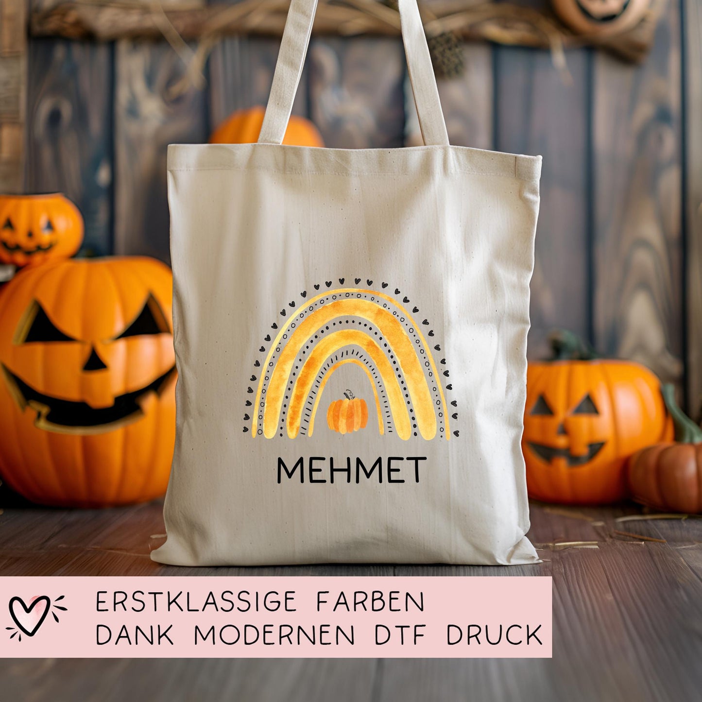 Halloween Jutetasche Personalisiert - Regenbogen Gelb Kürbis - Stofftasche - Jutebeutel - Tragetasche für Kinder für Süßigkeiten - Mädchen  kleinebuchstaben   