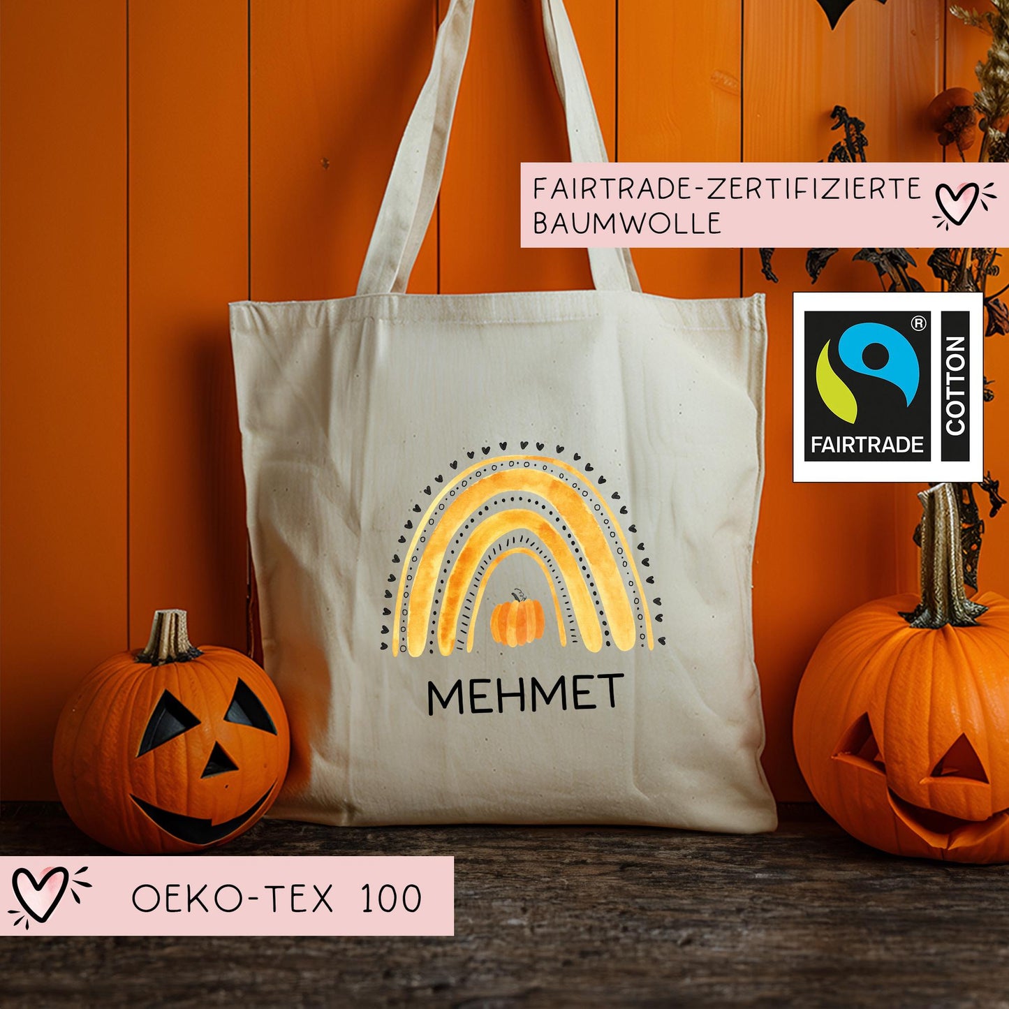 Halloween Jutetasche Personalisiert - Regenbogen Gelb Kürbis - Stofftasche - Jutebeutel - Tragetasche für Kinder für Süßigkeiten - Mädchen  kleinebuchstaben   