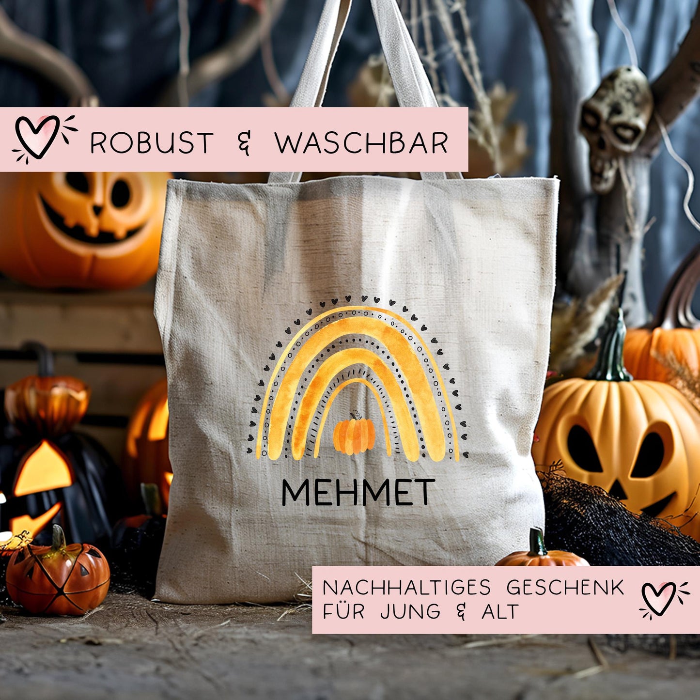 Halloween Jutetasche Personalisiert - Regenbogen Gelb Kürbis - Stofftasche - Jutebeutel - Tragetasche für Kinder für Süßigkeiten - Mädchen  kleinebuchstaben   