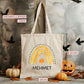 Halloween Jutetasche Personalisiert - Regenbogen Gelb Kürbis - Stofftasche - Jutebeutel - Tragetasche für Kinder für Süßigkeiten - Mädchen  kleinebuchstaben   