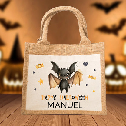 Halloween Tasche mit Wunschname | Beutel mit Fledermaus und Name | Happy Halloween | Tragetasche für Kinder für Süßigkeiten an Halloween  kleinebuchstaben Fledermaus bunt Schriftart 1 