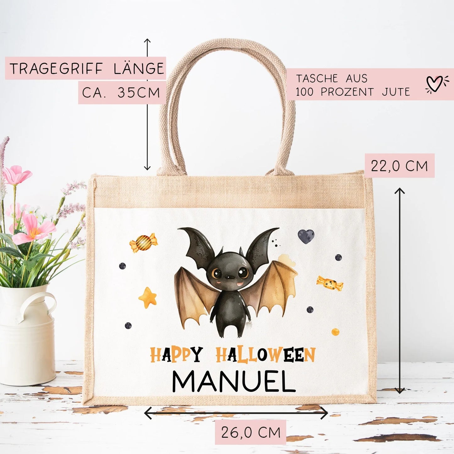 Halloween Tasche mit Wunschname | Beutel mit Fledermaus und Name | Happy Halloween | Tragetasche für Kinder für Süßigkeiten an Halloween  kleinebuchstaben   