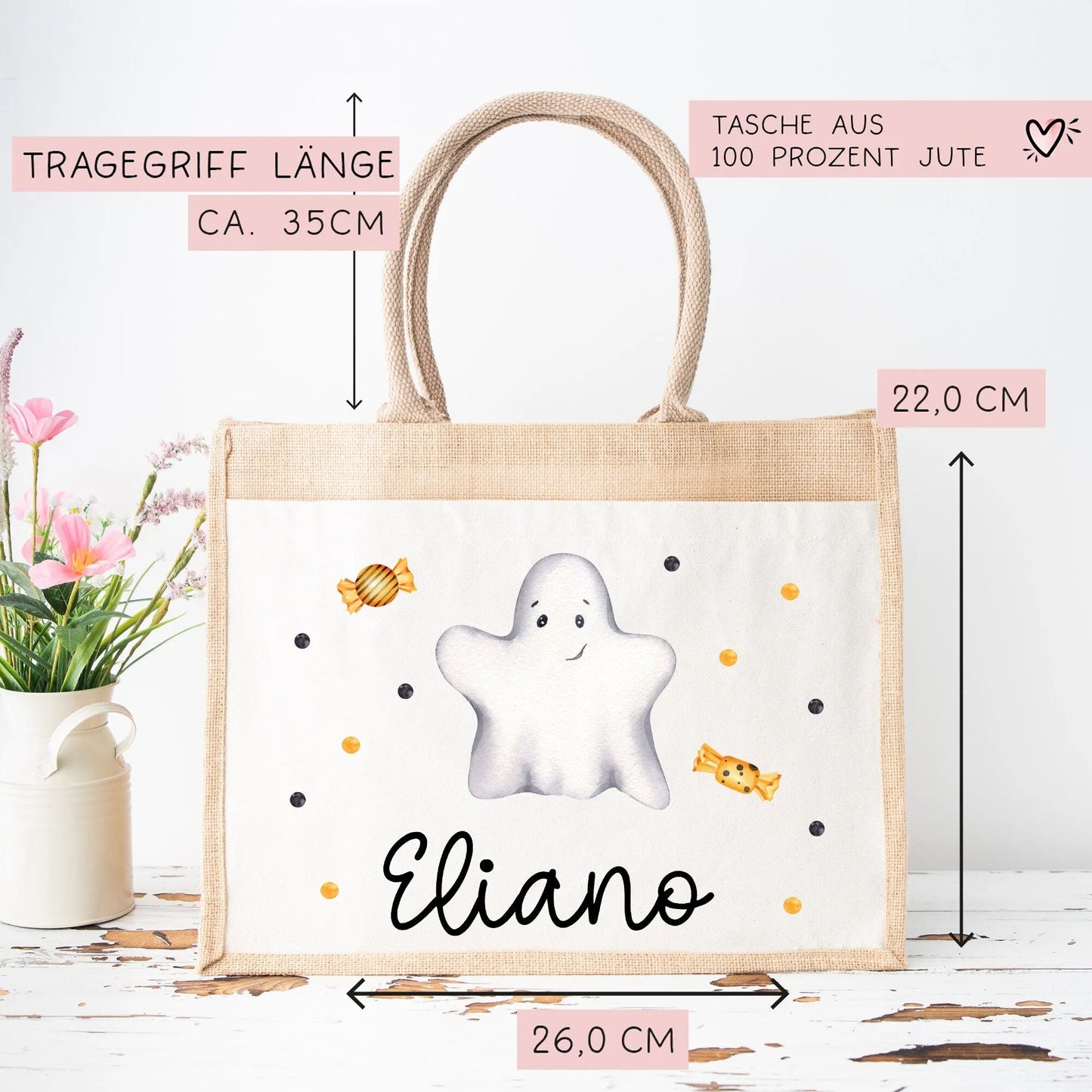 Halloween Stoff Tasche mit Namen | Beutel mit Geist und Bonbons | Candy Bag mit Namen | Tragetasche für Kinder für Süßigkeiten an Halloween  kleinebuchstaben   