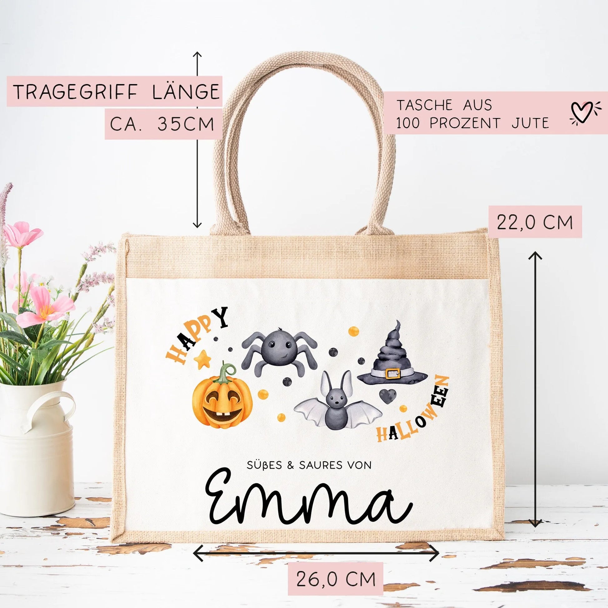 Halloween Tasche mit Namen | Süßes oder Saures | Wunschnamen | Candy Bag aus Jute | Tragetasche für Kinder für Süßigkeiten | Kürbis Spinne  kleinebuchstaben   