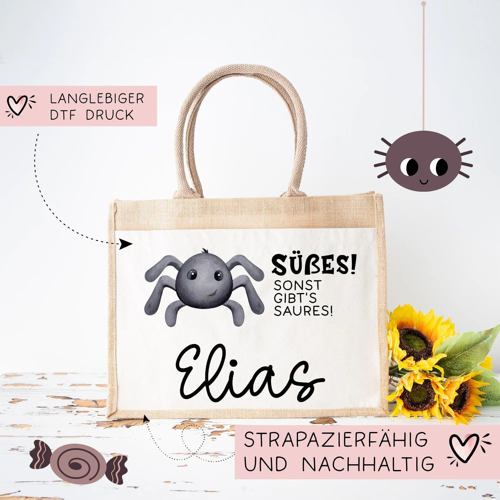 Stofftasche Halloween mit Namen | Pocket Tasche | Wunschnamen | Süßes oder Saures | Jute | Tragetasche für Kinder für Süßigkeiten | Spinne  kleinebuchstaben   