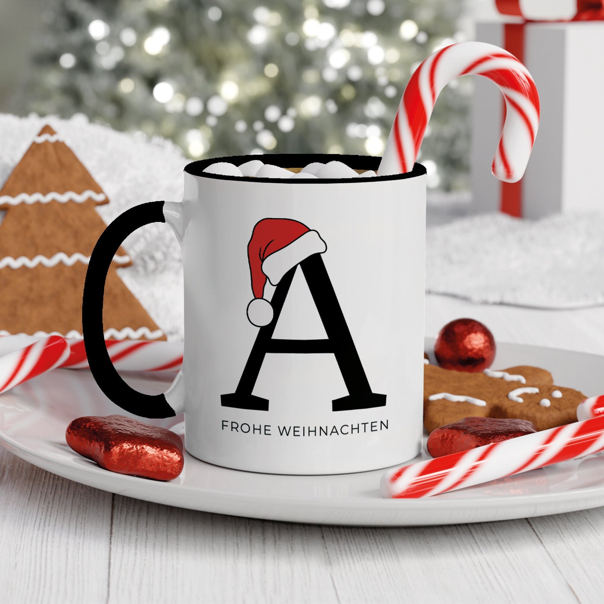 Personalisierte Keramik Tasse Weihnachten Nikolaus - Monogramm - Anfangsbuchstabe - Frohe Weihnachten - Merry Christmas - Glühwein - Becher  kleinebuchstaben Schwarz FROHE WEIHNACHTEN 