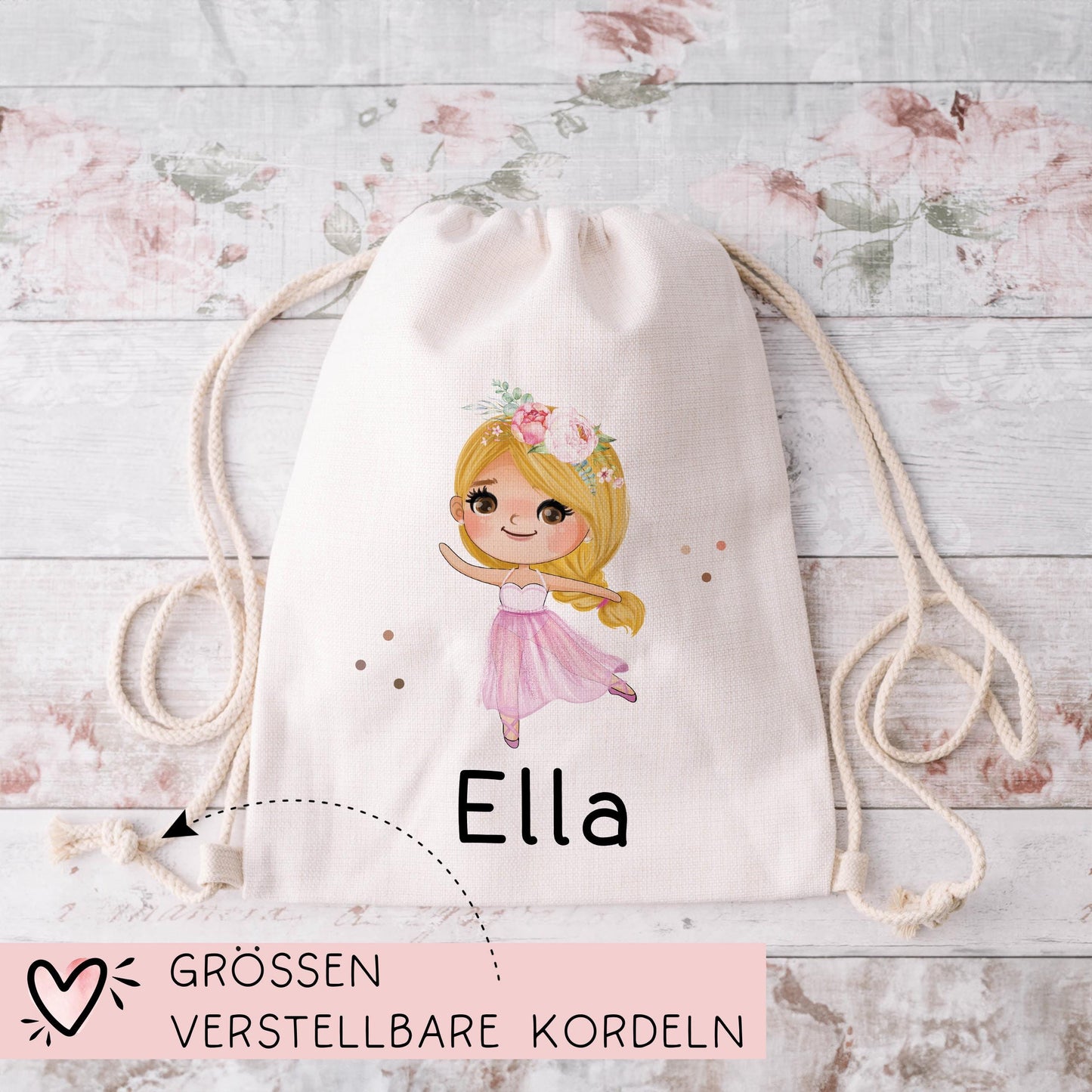 Turnbeutel Ballerina Tanzend mit Namen personalisiert Personalisierte Tasche als Sportbeutel, Kindergarten, Wäschebeutel Mädchen Blond Braun  kleinebuchstaben   