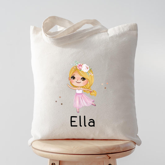 Stofftasche Ballerina Personalisiert Tasche & Name - Kinder Beutel Kindertasche mit Wunschname - Wechselwäsche - Wechselkleidung - Sport  kleinebuchstaben Blond Schriftart 1 