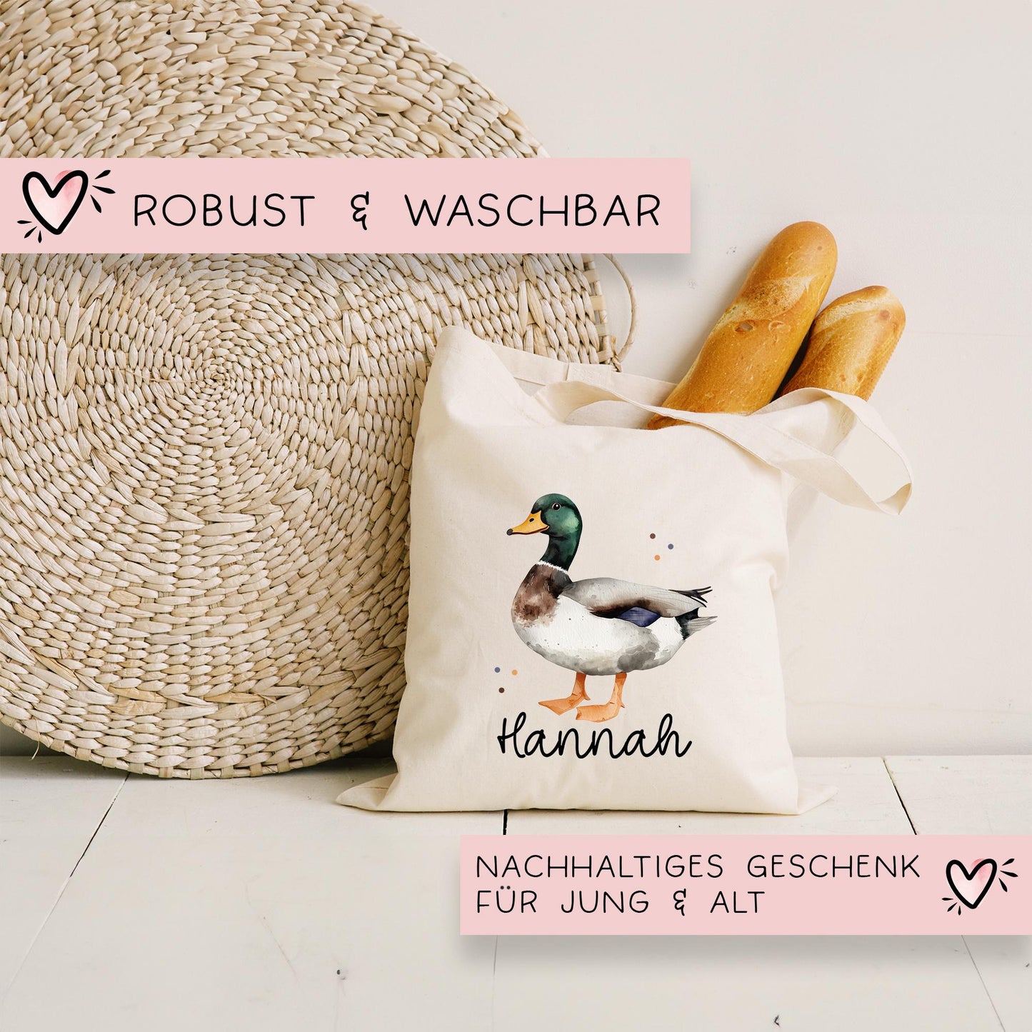 Ente Stofftasche Tasche Personalisiert & Name - Erpel Kinder Beutel Kindertasche mit Wunschname - Wechselwäsche - Kindergarten Schule -Sport  kleinebuchstaben   